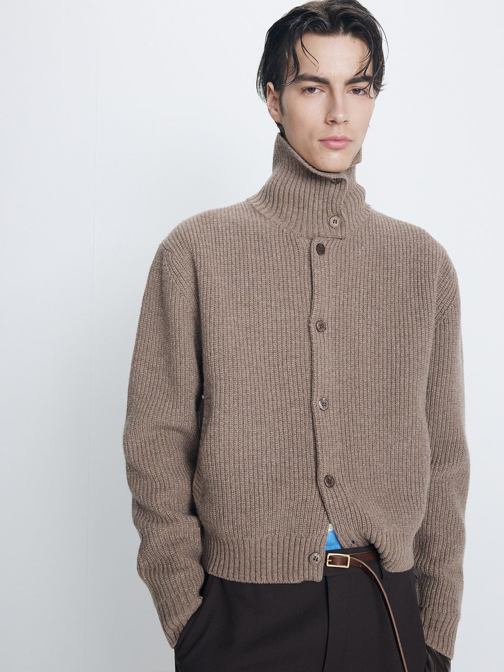 Tonywack - High Neck Merino Wool Button-Up Knitted Blouson (Taupe) product image 5 | TRAB K-Fashion Australia
