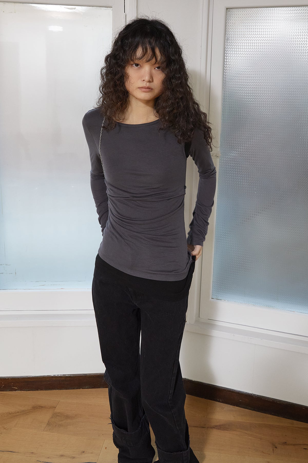 Matin Kim - Turn Up Detail Layered Top (Charcoal) product image 12 | TRAB K-Fashion Australia