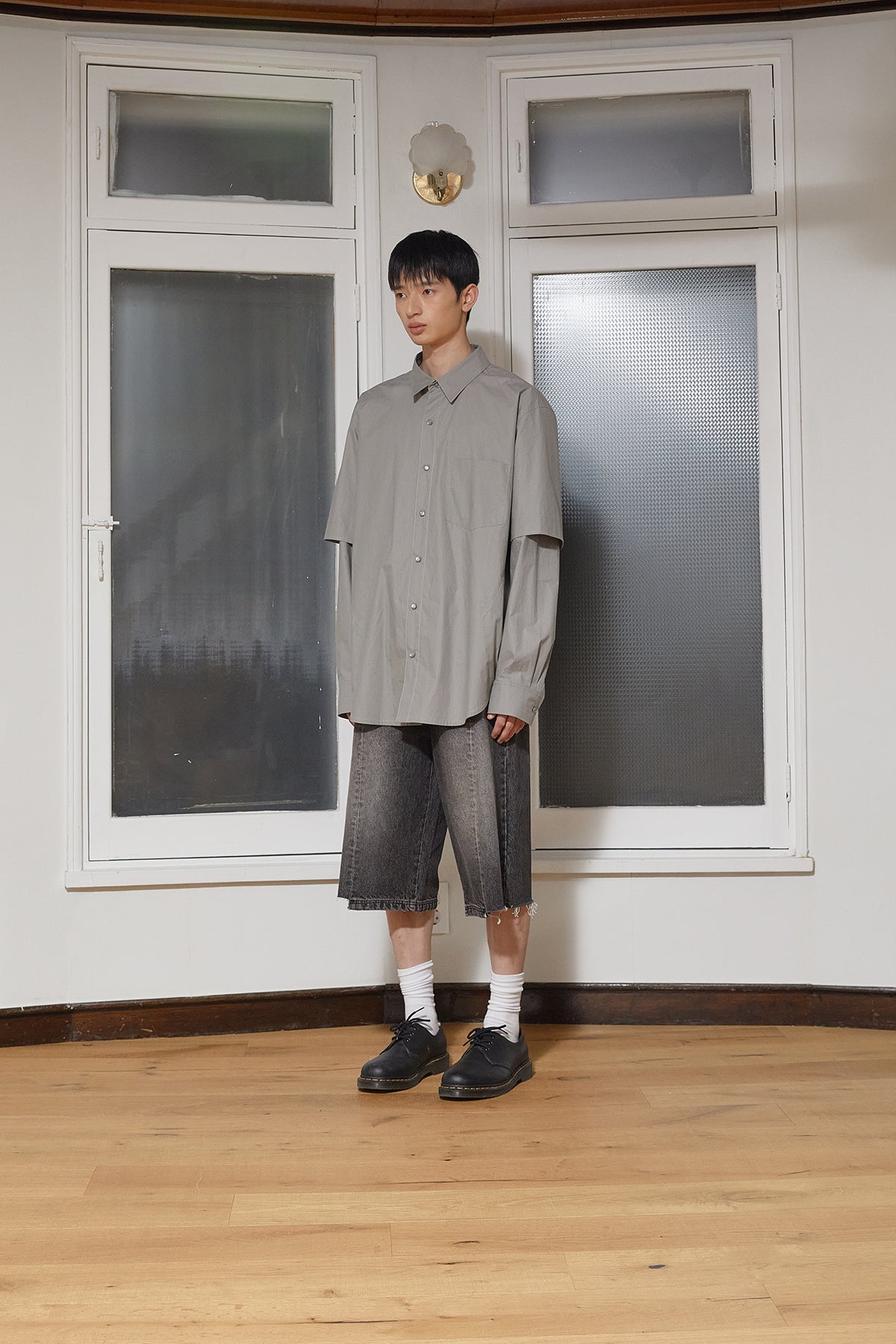 Matin Kim - Stitch Point Layered Shirt (Khaki Grey) product image 8 | TRAB K-Fashion Australia