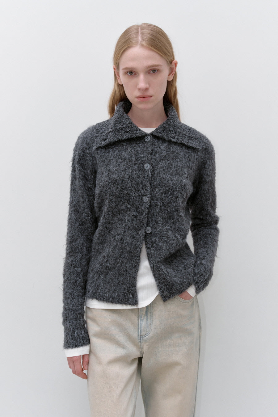 Insilence - Hairy Spread Collar Cardigan (Charcoal) product image 1 | TRAB K-Fashion Australia