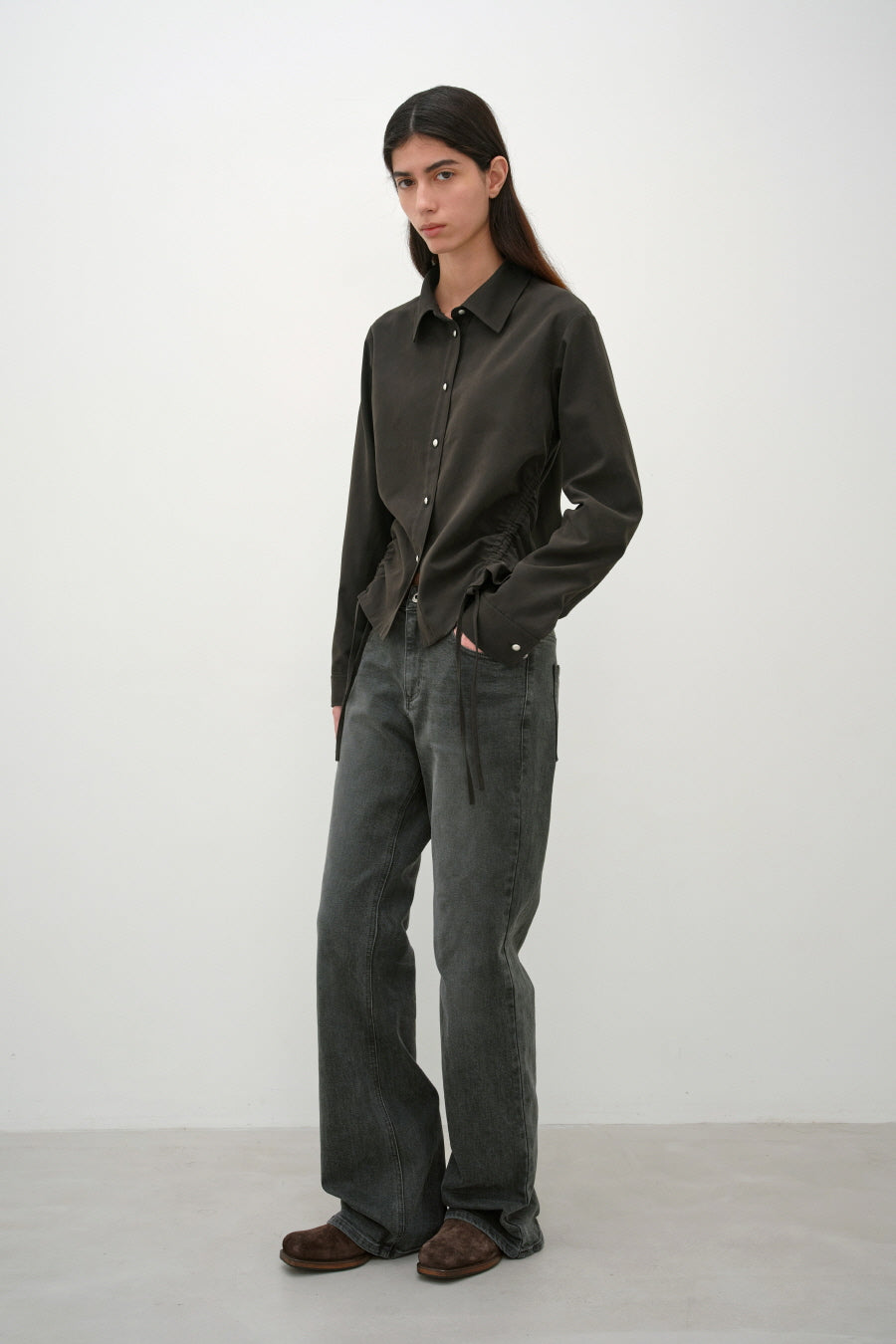 Insilence - Soft Shirring Shirt (Brown) product image 4 | TRAB K-Fashion Australia