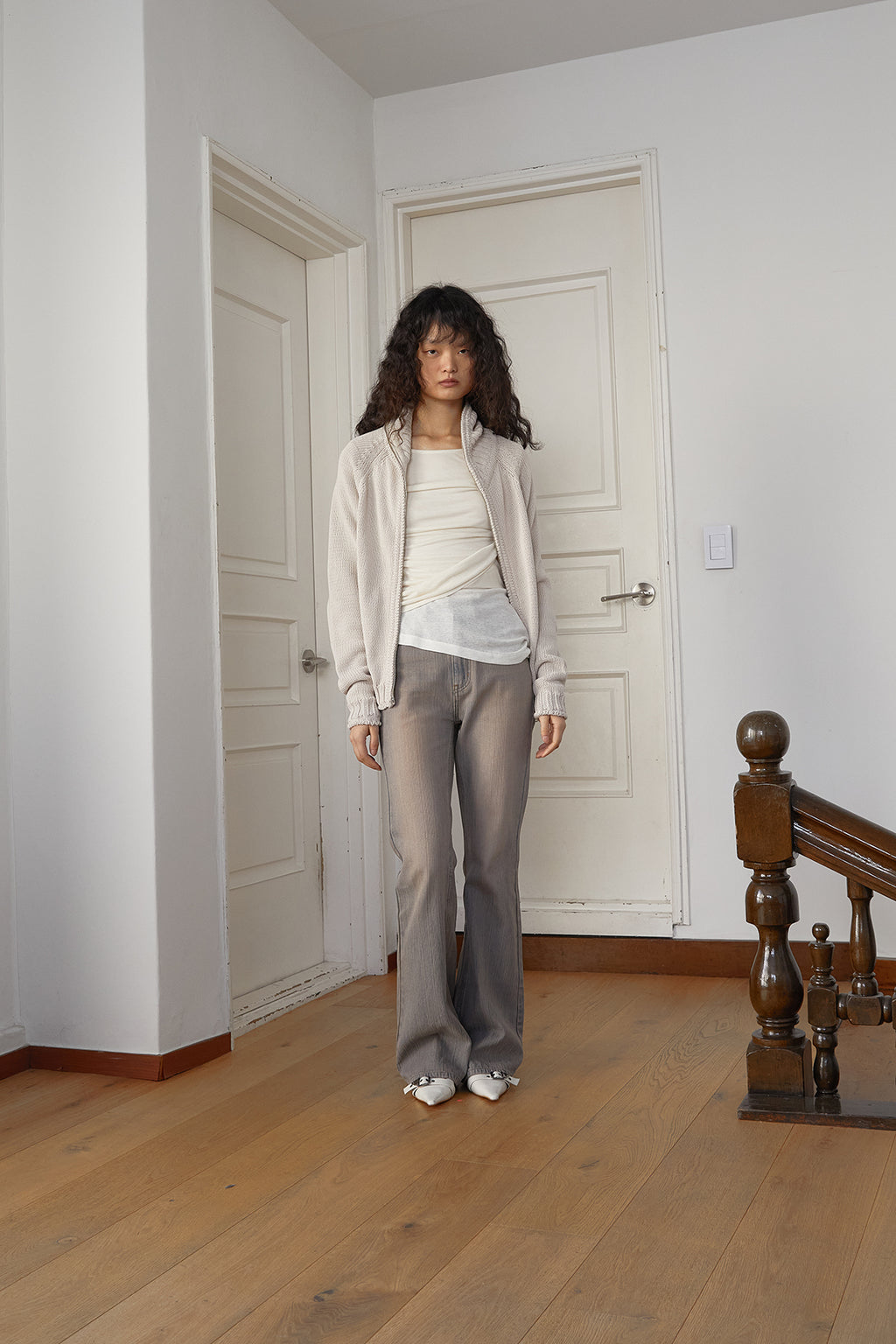 Matin Kim - Applique Logo Patch Knit Zip Up (Light Beige) product image 7 | TRAB K-Fashion Australia