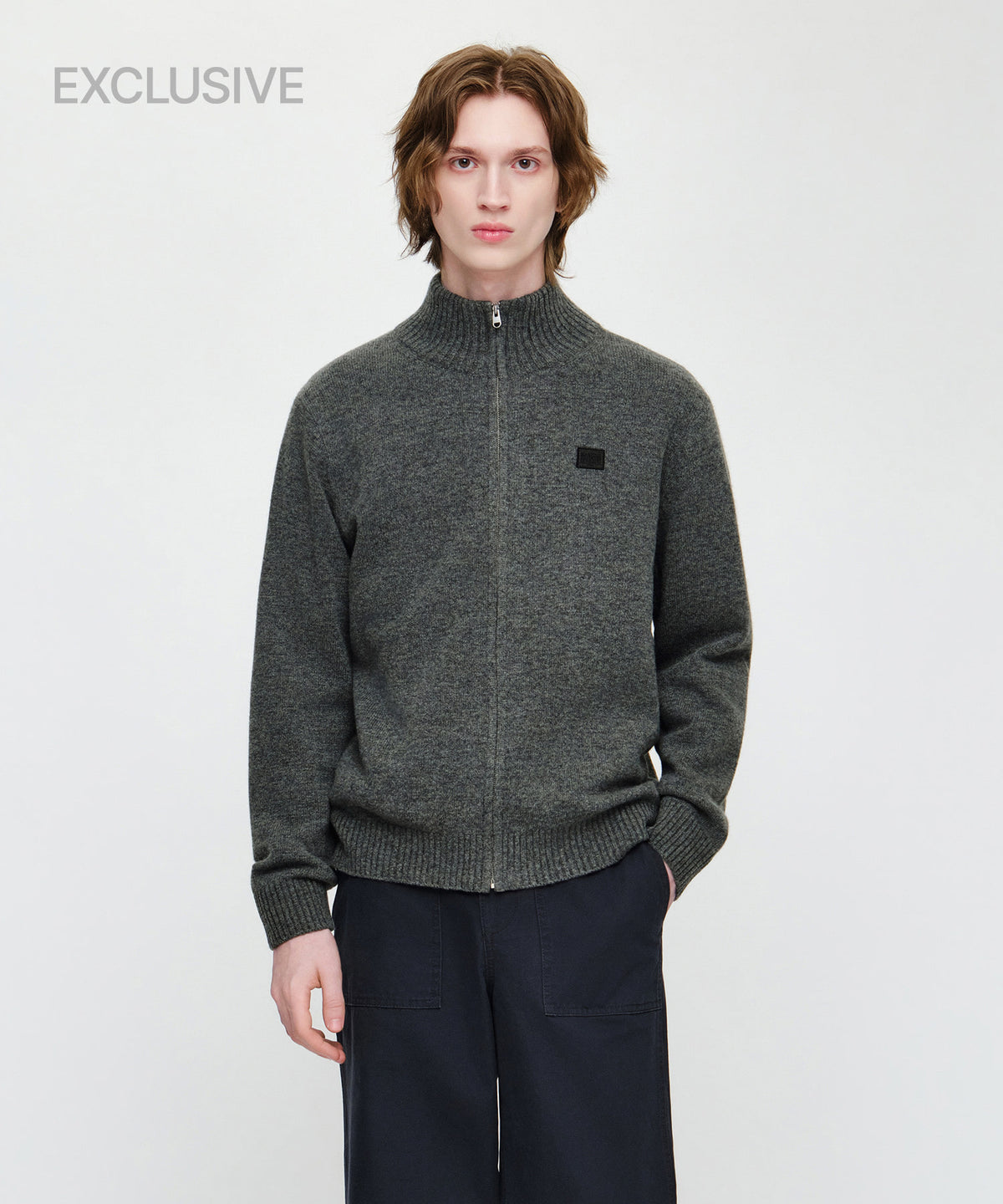 Marithe & Francois Girbaud - Premium Small Classic Logo Merino Wool High Neck Cardigan (Gray) product image 1 | TRAB K-Fashion Australia