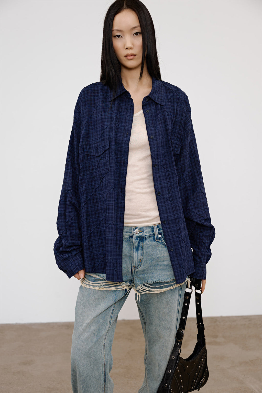 Deinet - Double Checkered Overfit Shirt (Navy) product image 8 | TRAB K-Fashion Australia