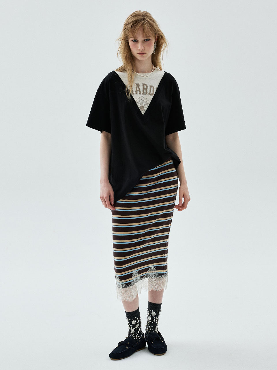 Mardi Mercredi - Lace Hem Maxi Skirt Stripe (Beige) product image 1 | TRAB K-Fashion Australia