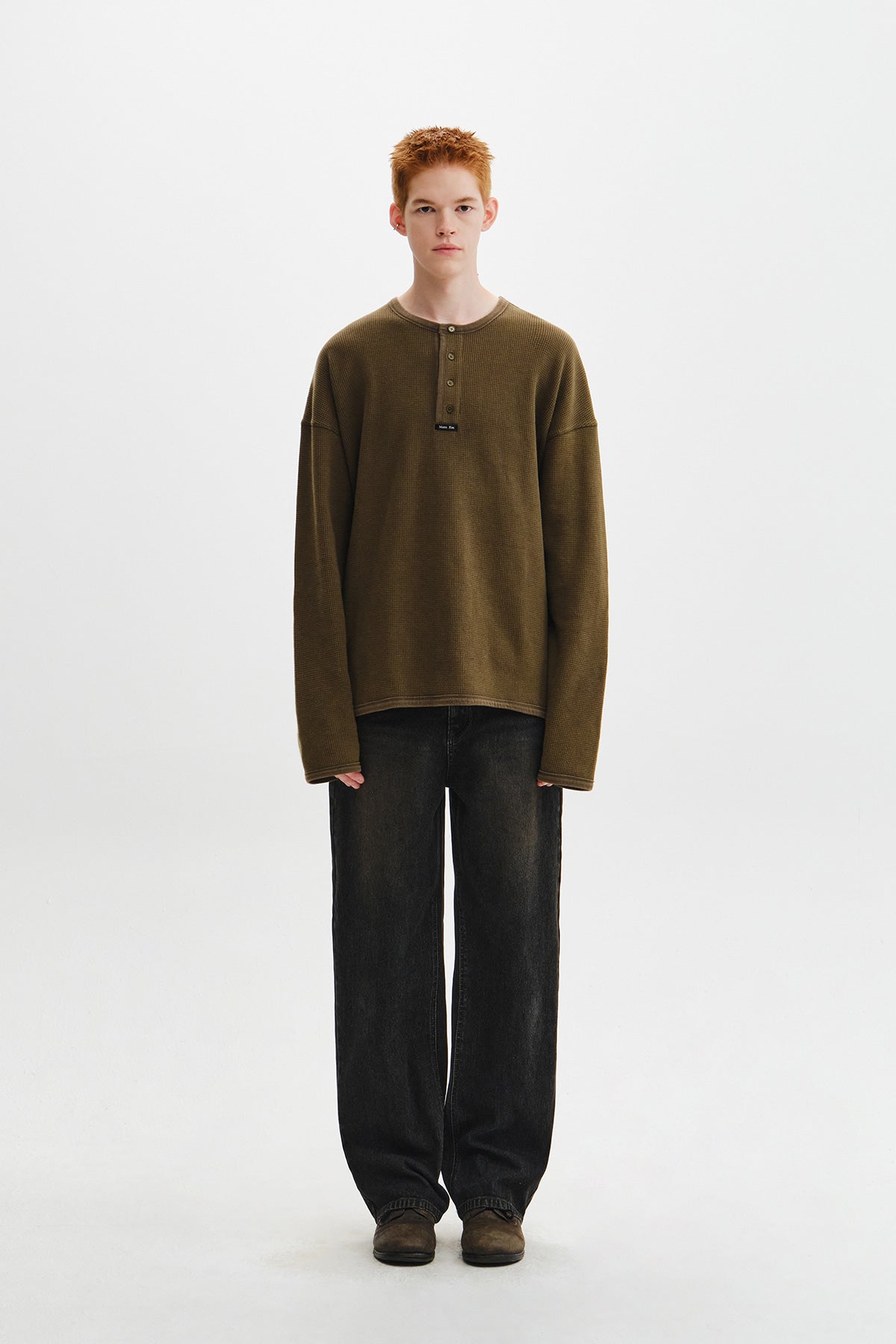 Matin Kim - Matin Washed Waffle Henley Neck Top (Khaki) product image 7 | TRAB K-Fashion Australia