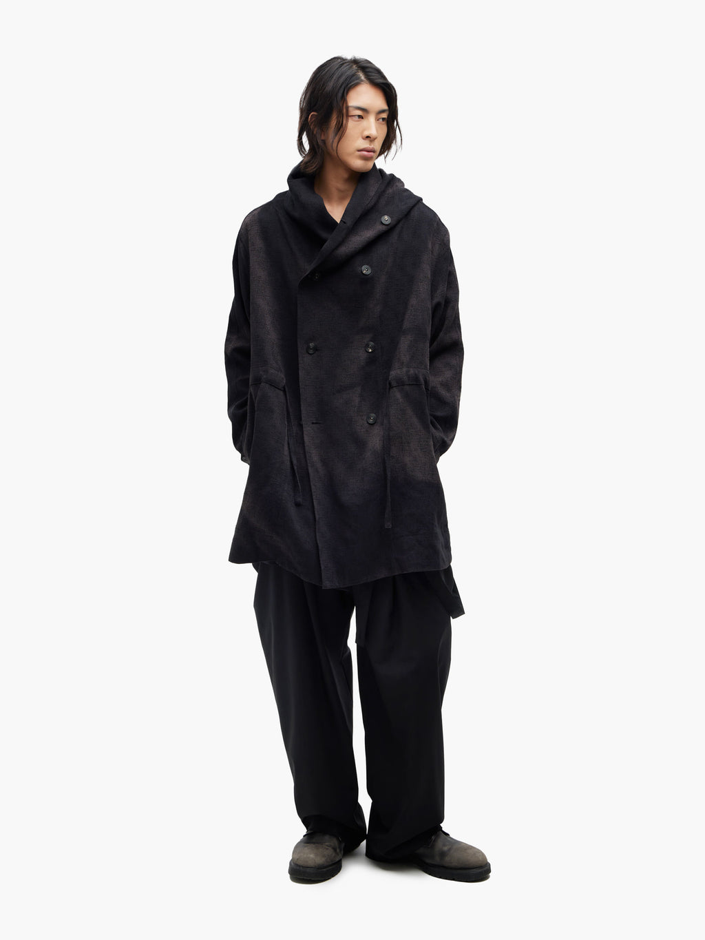 Jiyong Kim - Sun-Bleached Double-Breasted Hooded Coat (Black) product image 1 | TRAB K-Fashion Australia
