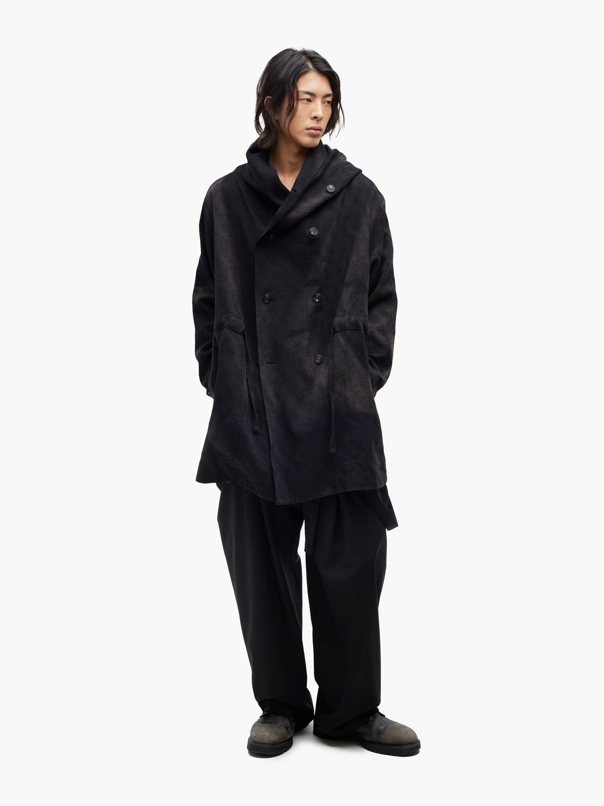 Jiyong Kim - Sun-Bleached Double-Breasted Hooded Coat (Black) product image 1 | TRAB K-Fashion Australia