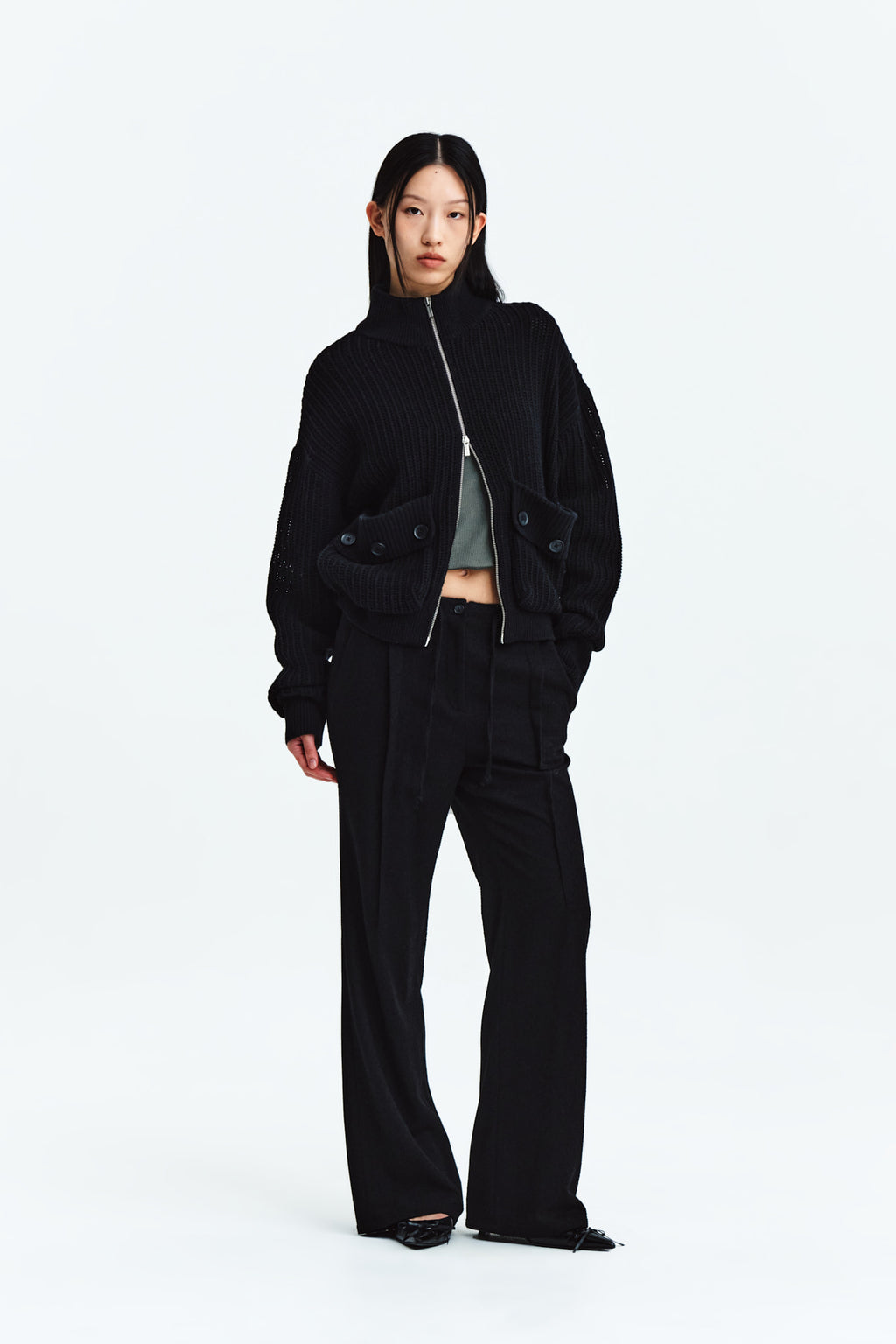 Matin Kim - Waist Button Point String Slim Pants (Black) product image 8 | TRAB K-Fashion Australia