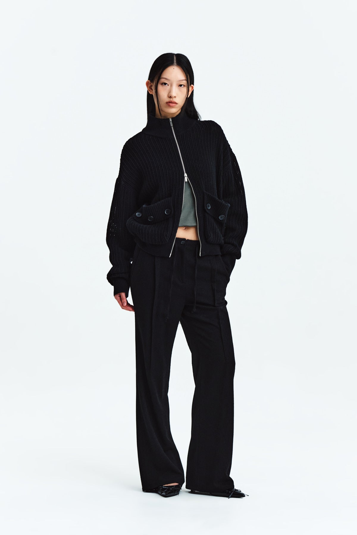 Matin Kim - Waist Button Point String Slim Pants (Black) product image 8 | TRAB K-Fashion Australia