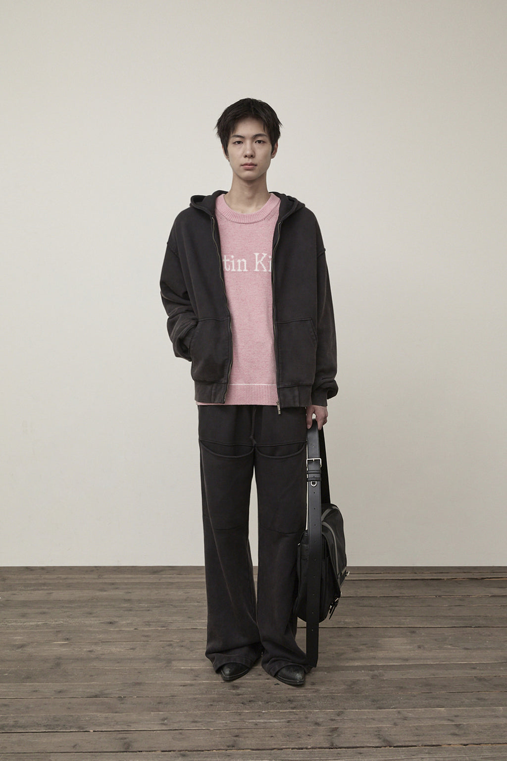 Matin Kim - Back Logo Washed Hoody Zip Up (Charcoal) product image 8 | TRAB K-Fashion Australia