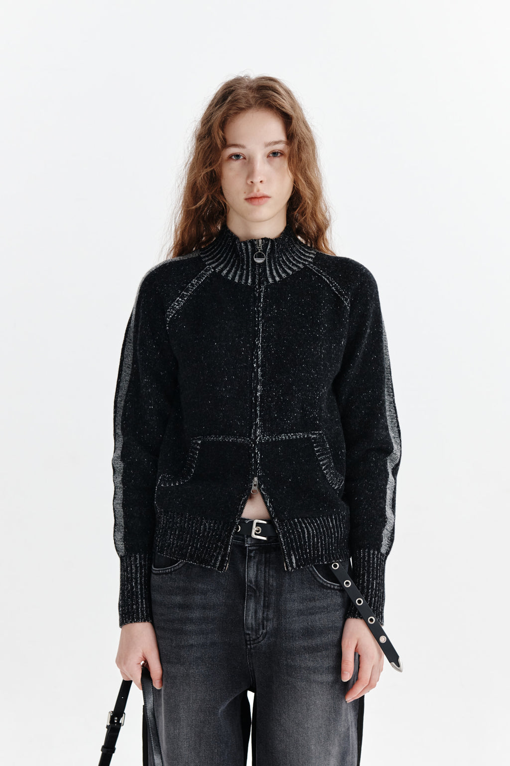 Matin Kim - Two Tone Mixed Knit Zip Up (Black) product image 5 | TRAB K-Fashion Australia