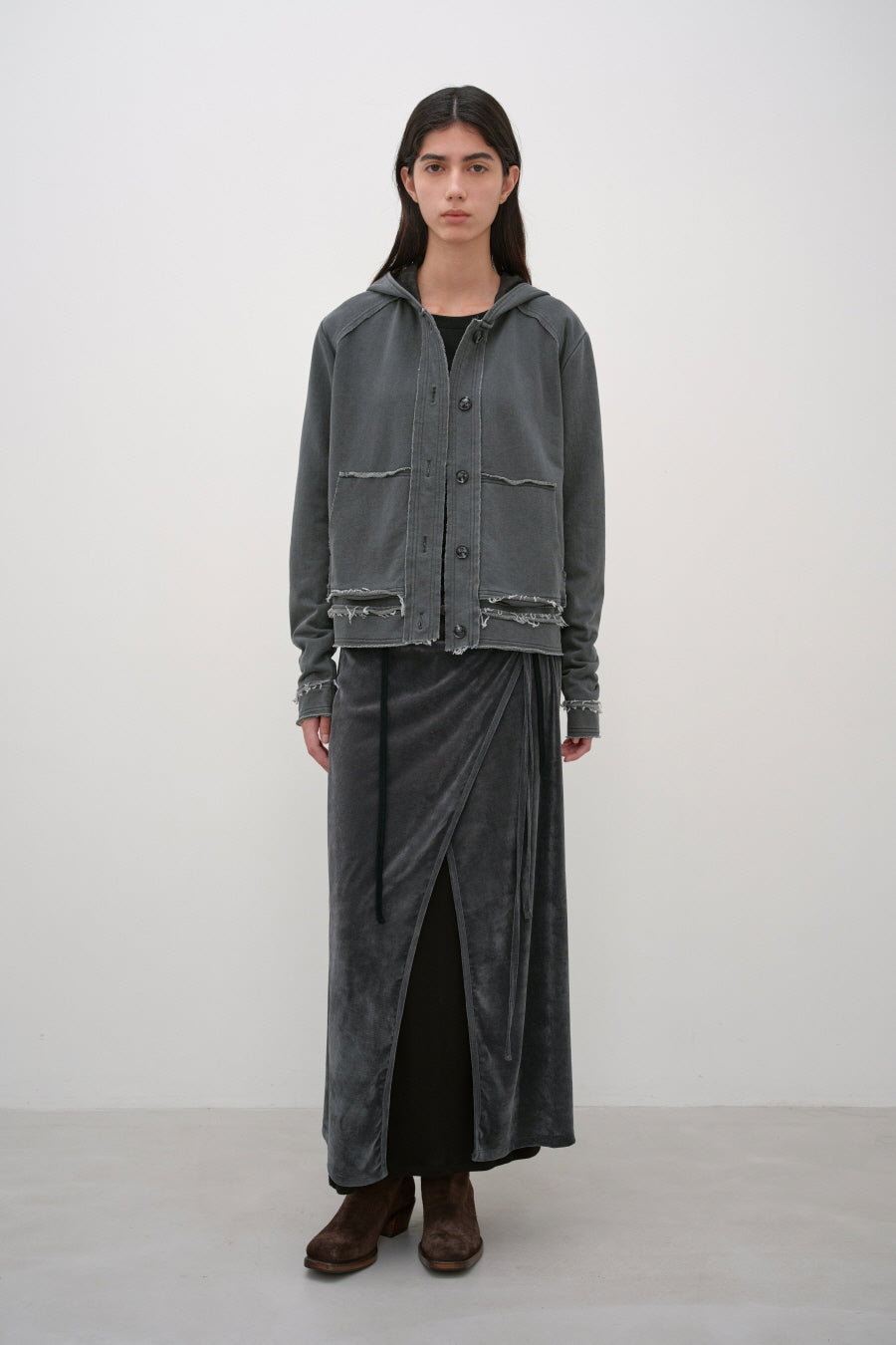Insilence - Cutoff Washed Button Hoodie (Charcoal) product image 3 | TRAB K-Fashion Australia