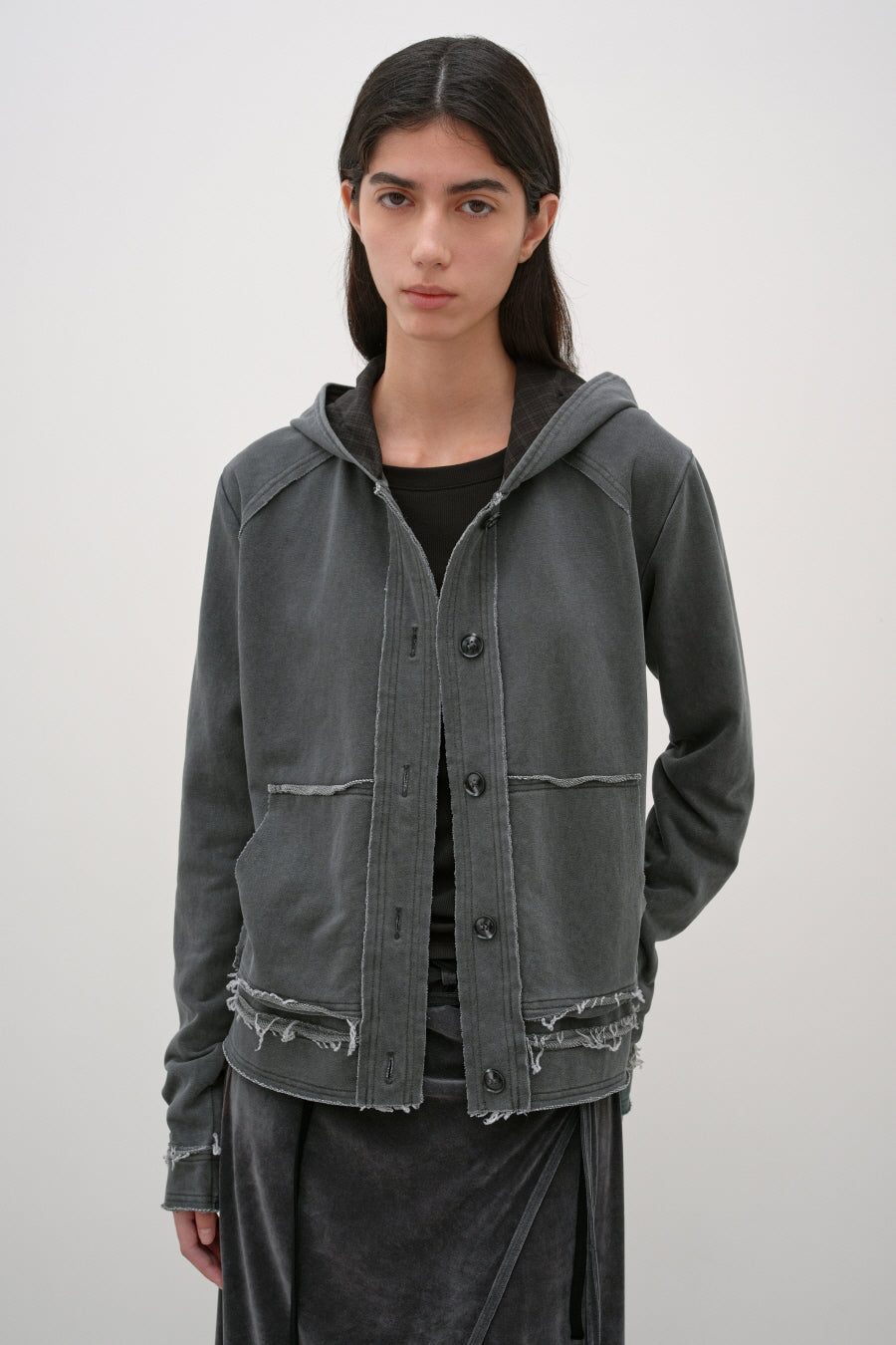 Insilence - Cutoff Washed Button Hoodie (Charcoal) product image 1 | TRAB K-Fashion Australia