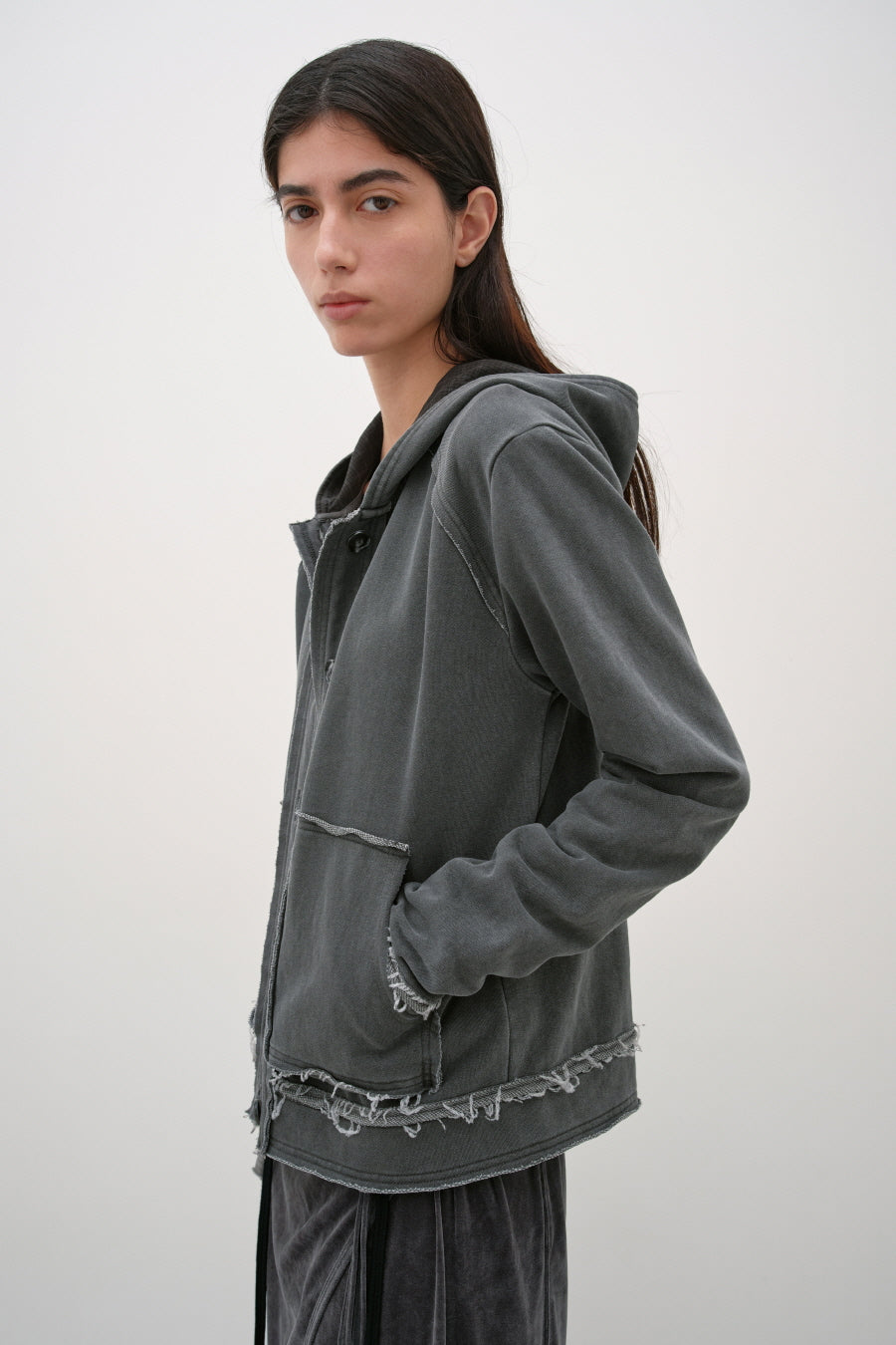 Insilence - Cutoff Washed Button Hoodie (Charcoal) product image 2 | TRAB K-Fashion Australia