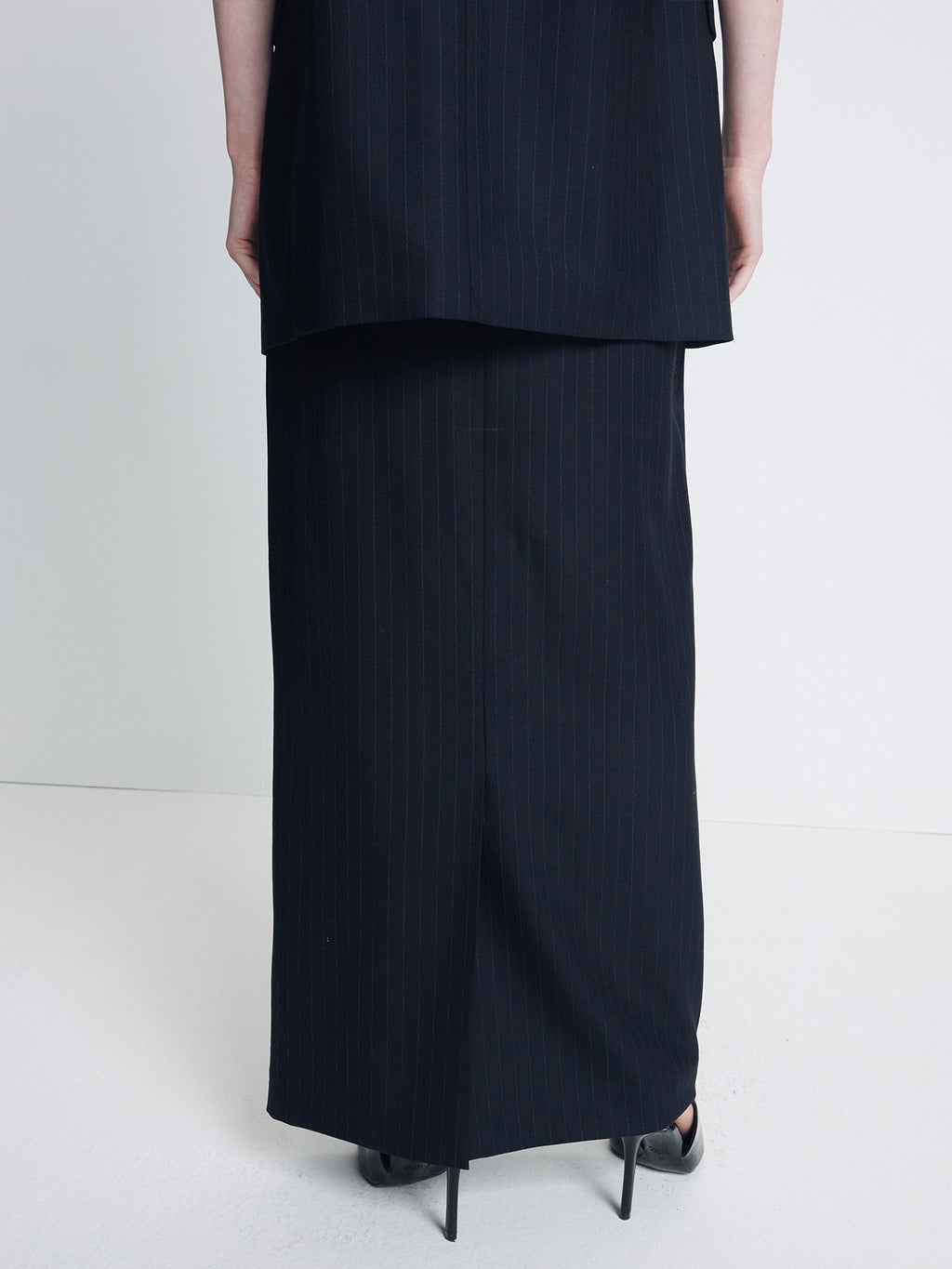 Tonywack - Pinstriped Wool Belted Maxi Skirt (Navy Pinstripe) product image 8 | TRAB K-Fashion Australia