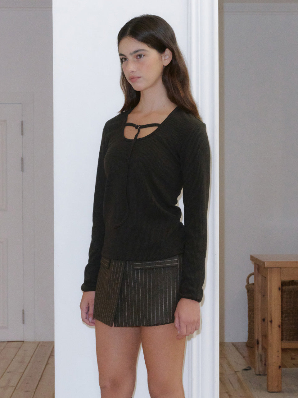 Kijun - Belted U-Neck Top (Dark Brown) product image 1 | TRAB K-Fashion Australia
