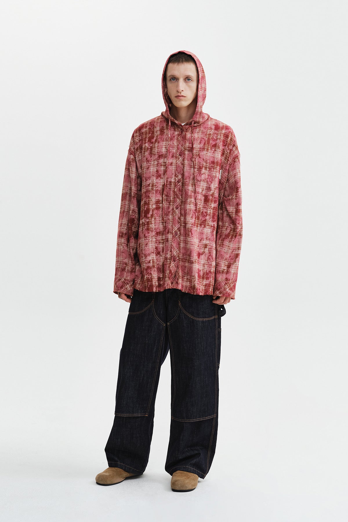 Matin Kim - Raw Cut Check Hooded Shirt (Red) product image 11 | TRAB K-Fashion Australia