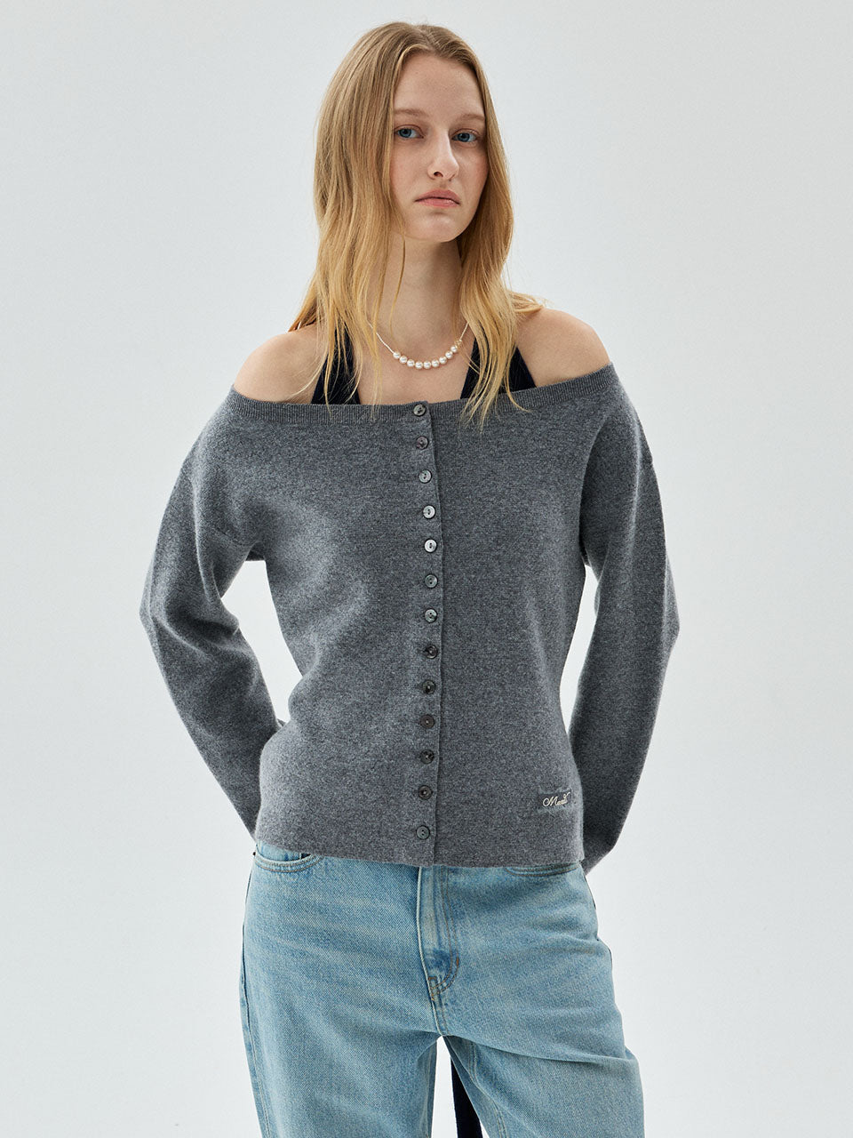 Mardi Mercredi - Cardigan Off Shoulder Button Detail (Grey) product image 1 | TRAB K-Fashion Australia