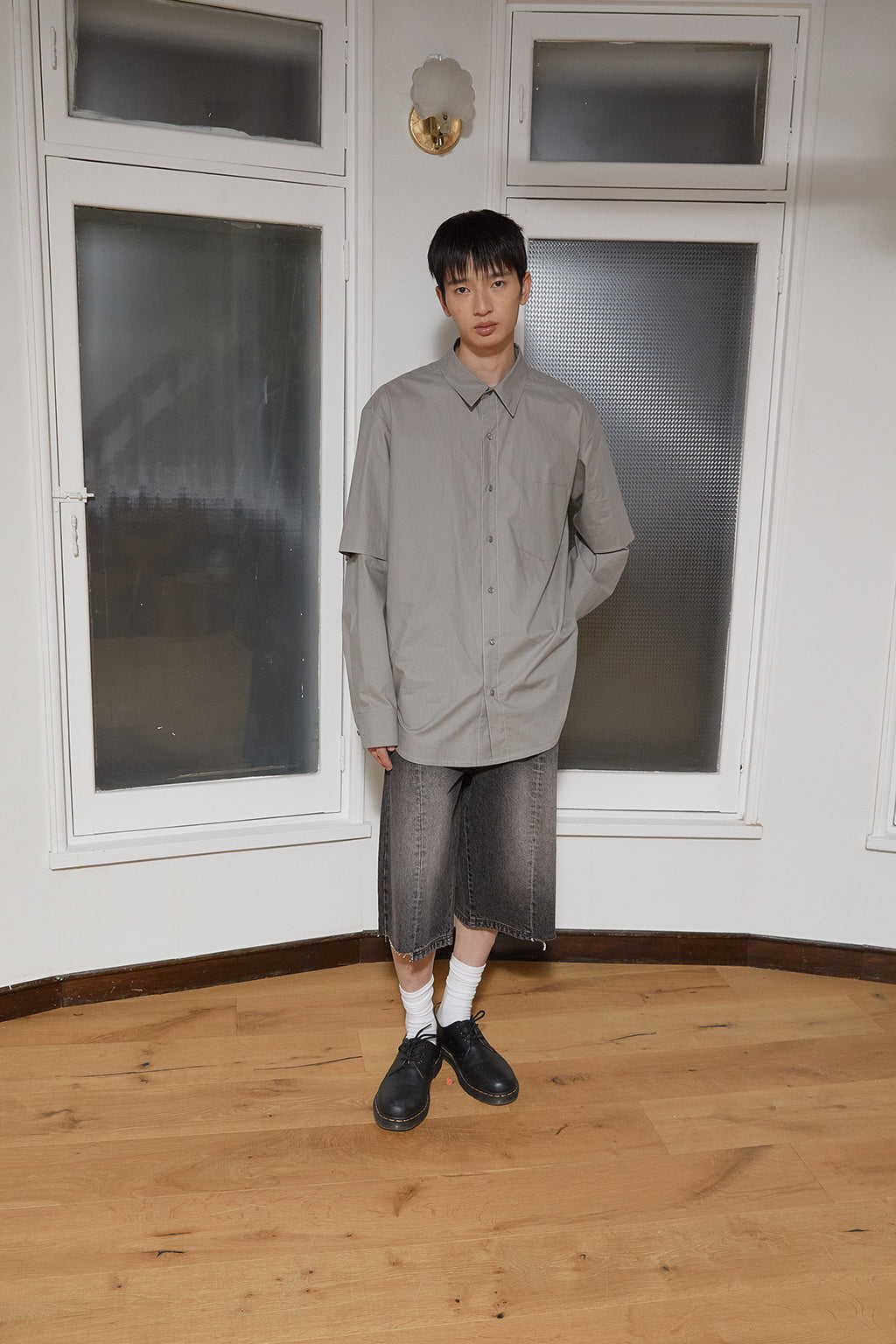 Matin Kim - Stitch Point Layered Shirt (Khaki Grey) product image 11 | TRAB K-Fashion Australia