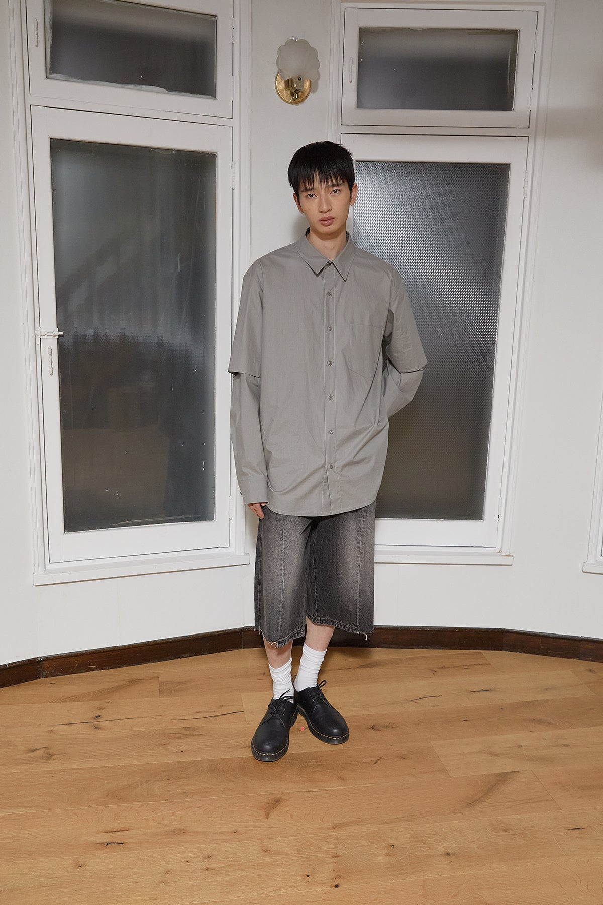 Matin Kim - Stitch Point Layered Shirt (Khaki Grey) product image 11 | TRAB K-Fashion Australia
