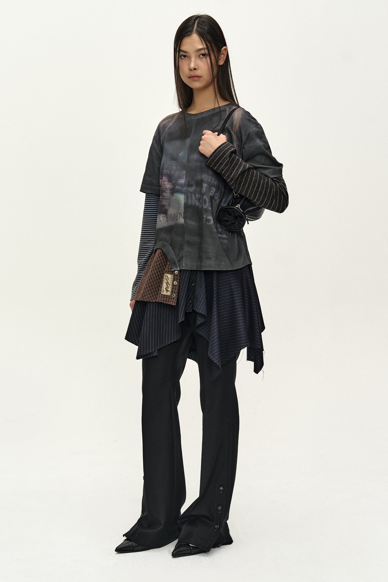 Andersson Bell - Mixed Stripe Sleeve Layered Top (charcoal) (Charcoal) product image 2 | TRAB K-Fashion Australia