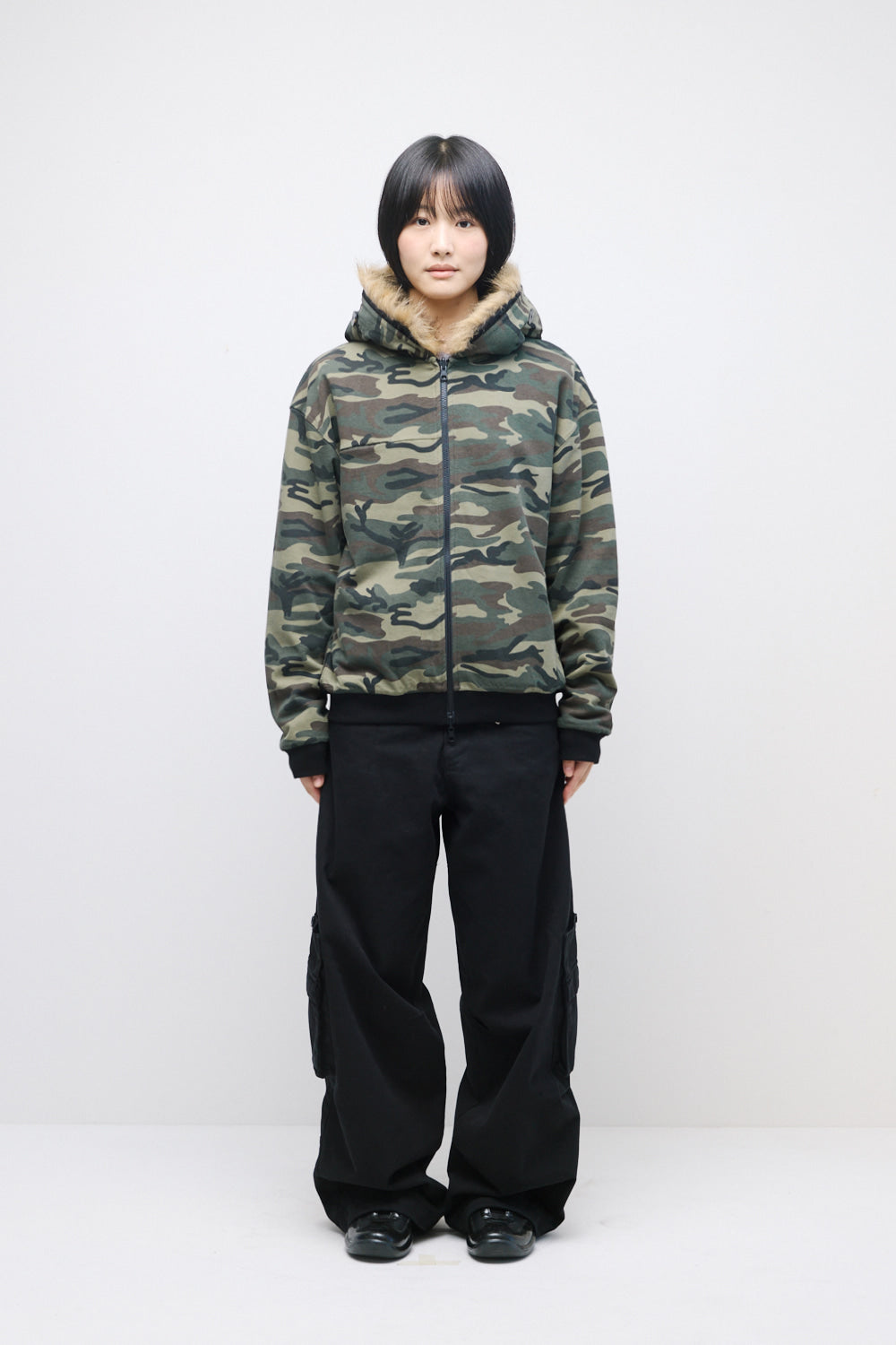 Hatchingroom - Reversible Faux Fur Hoodie (Black/Camo Khaki) product image 15 | TRAB K-Fashion Australia