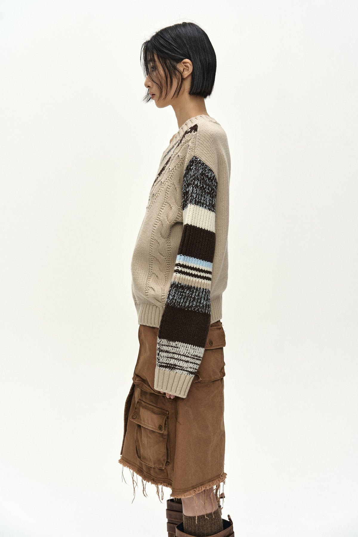Andersson Bell - Studded Cable V-Neck Multi-Stripe Pullover (Ecru) product image 4 | TRAB K-Fashion Australia