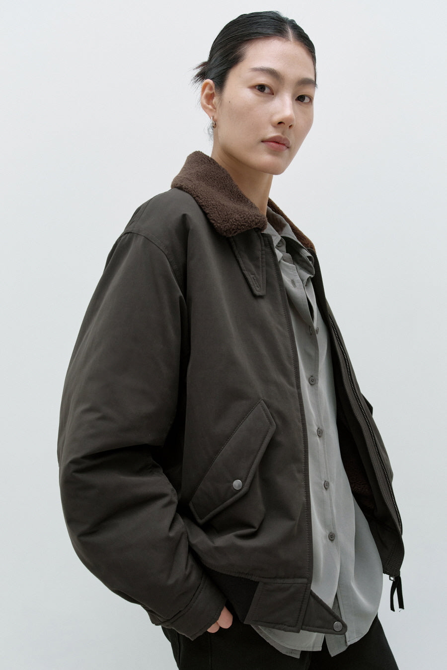 Insilence - W Washed Cotton Shearling Jacket (Khaki) product image 1 | TRAB K-Fashion Australia