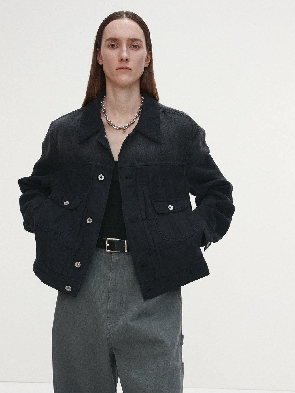 Tonywack - Cotton Linen Garment-Dyed Trucker Jacket (Faded Black) product image 3 | TRAB K-Fashion Australia