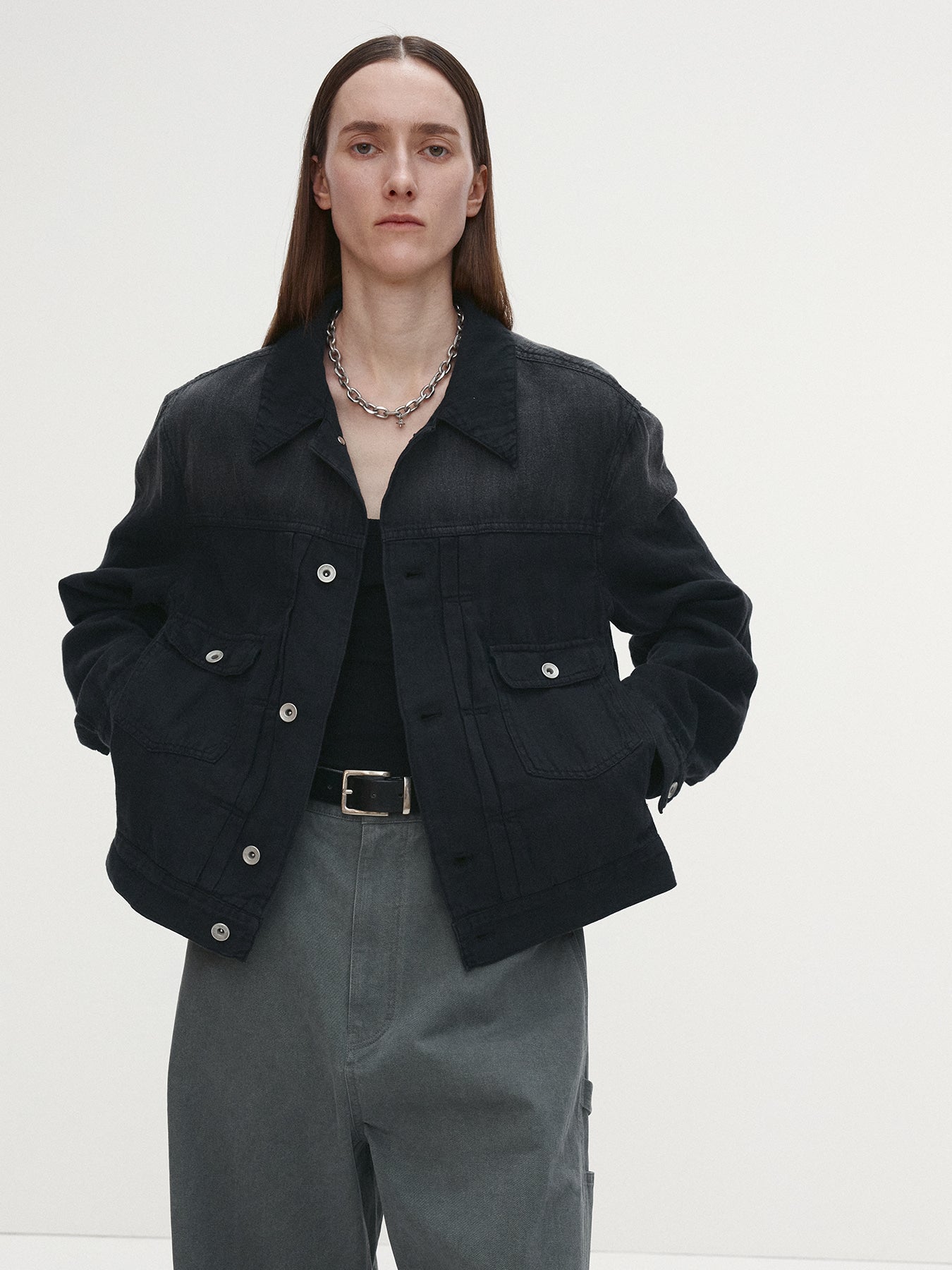 Tonywack - Cotton Linen Garment-Dyed Trucker Jacket (Faded Black) product image 3 | TRAB K-Fashion Australia