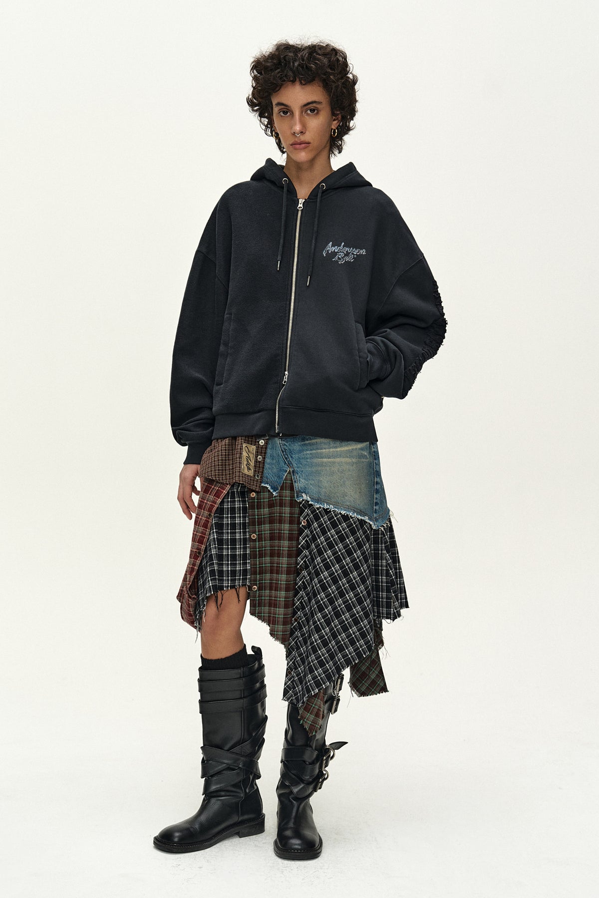 Andersson Bell - (essential) Unisex Patchwork Liquid Logo Hood Zip-Up (Charcoal) product image 2 | TRAB K-Fashion Australia