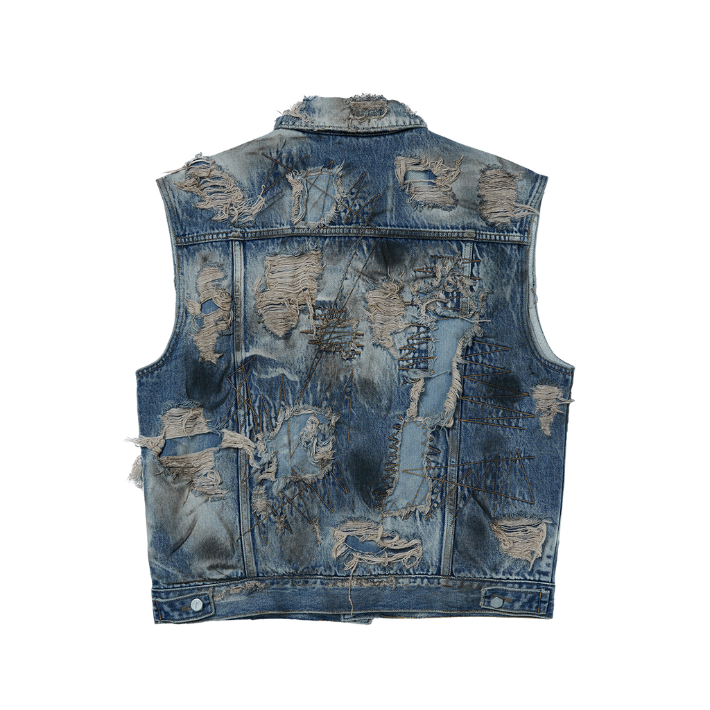 Thug Club - Hard-Washed Damaged Denim Vest (Blue) product image 1 | TRAB K-Fashion Australia