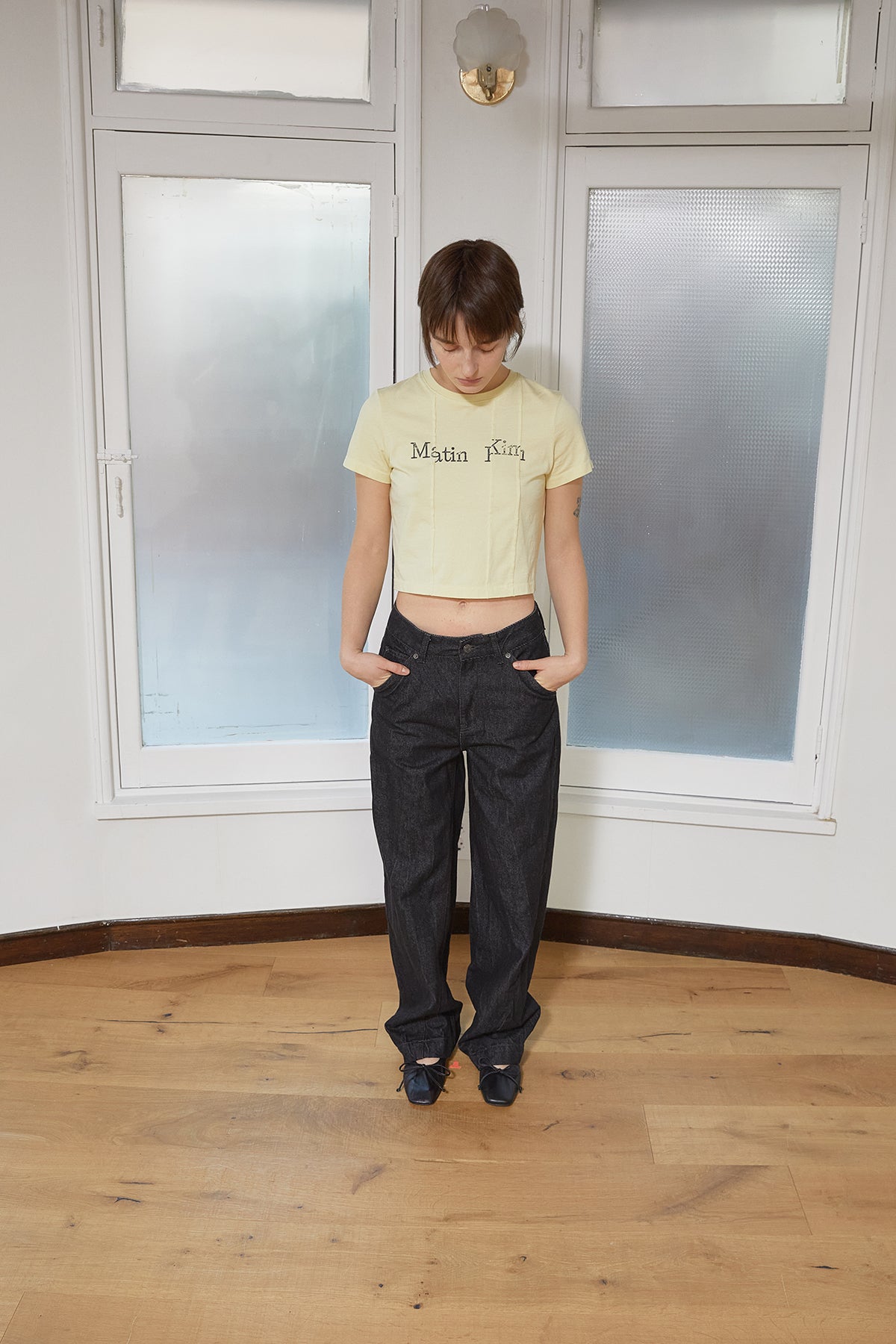 Matin Kim - Unbalance Typo Logo Crop Top (Yellow) product image 10 | TRAB K-Fashion Australia