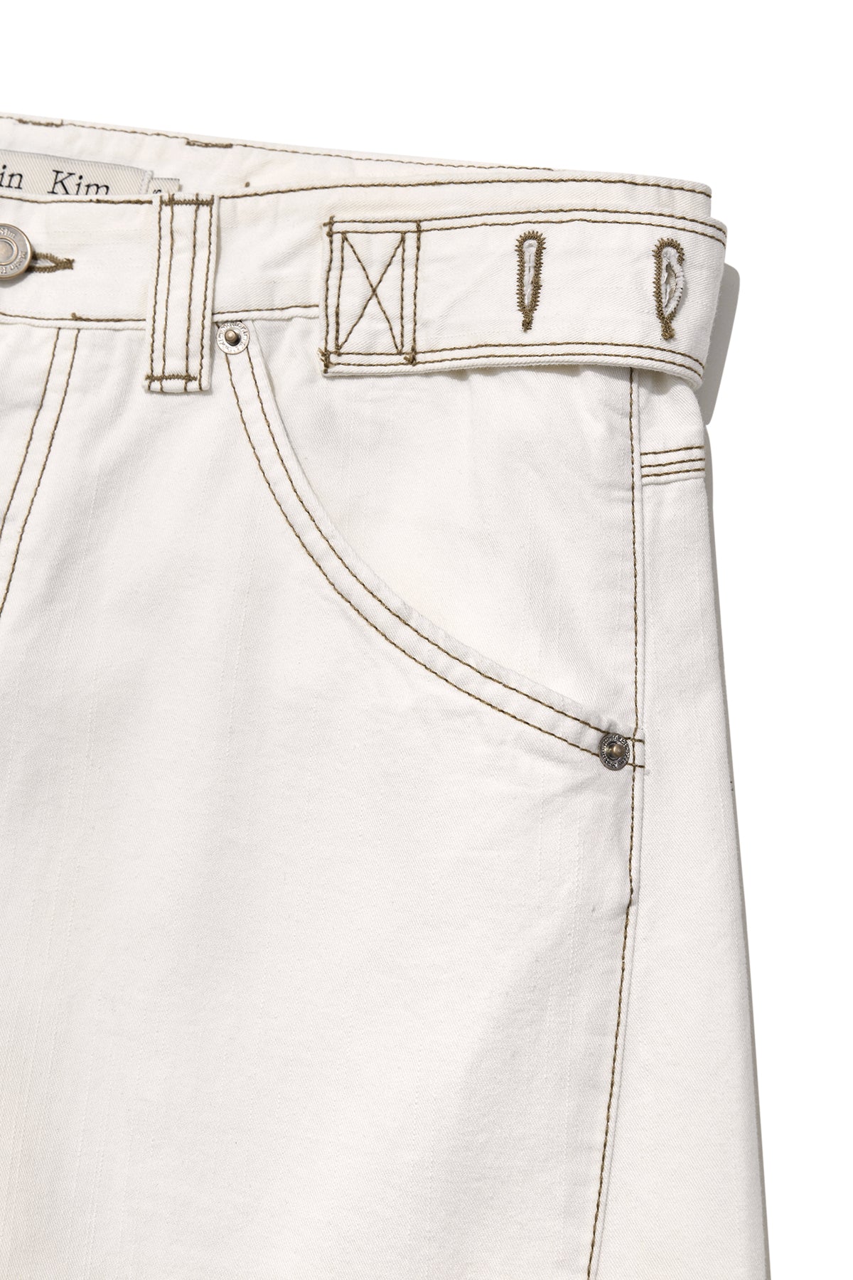 Matin Kim - Waist Buckle Curved Twill Denim Pants (White) product image 4 | TRAB K-Fashion Australia
