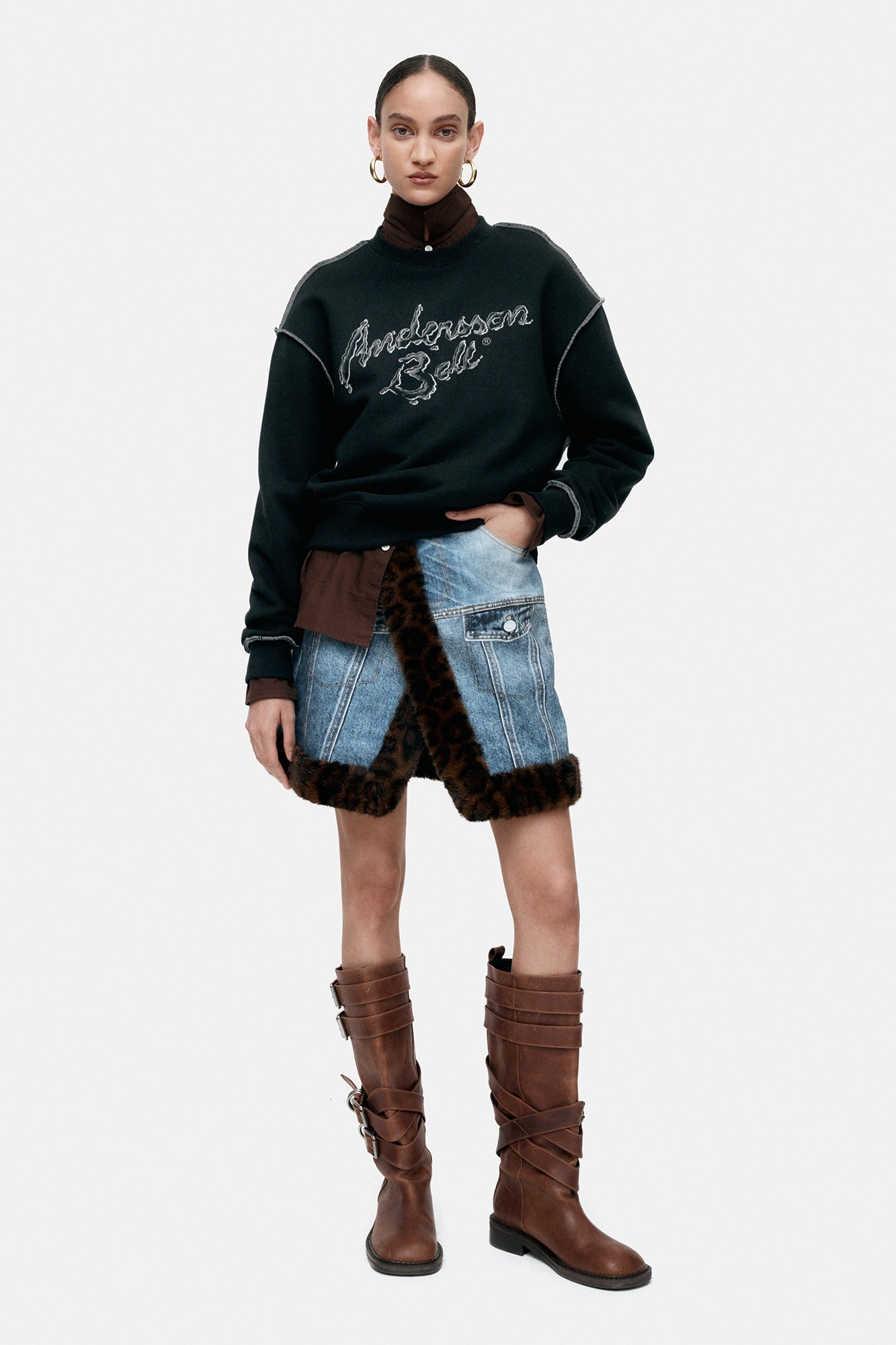 Andersson Bell - Fur-Edged Denim Print Skirt (Blue) product image 1 | TRAB K-Fashion Australia