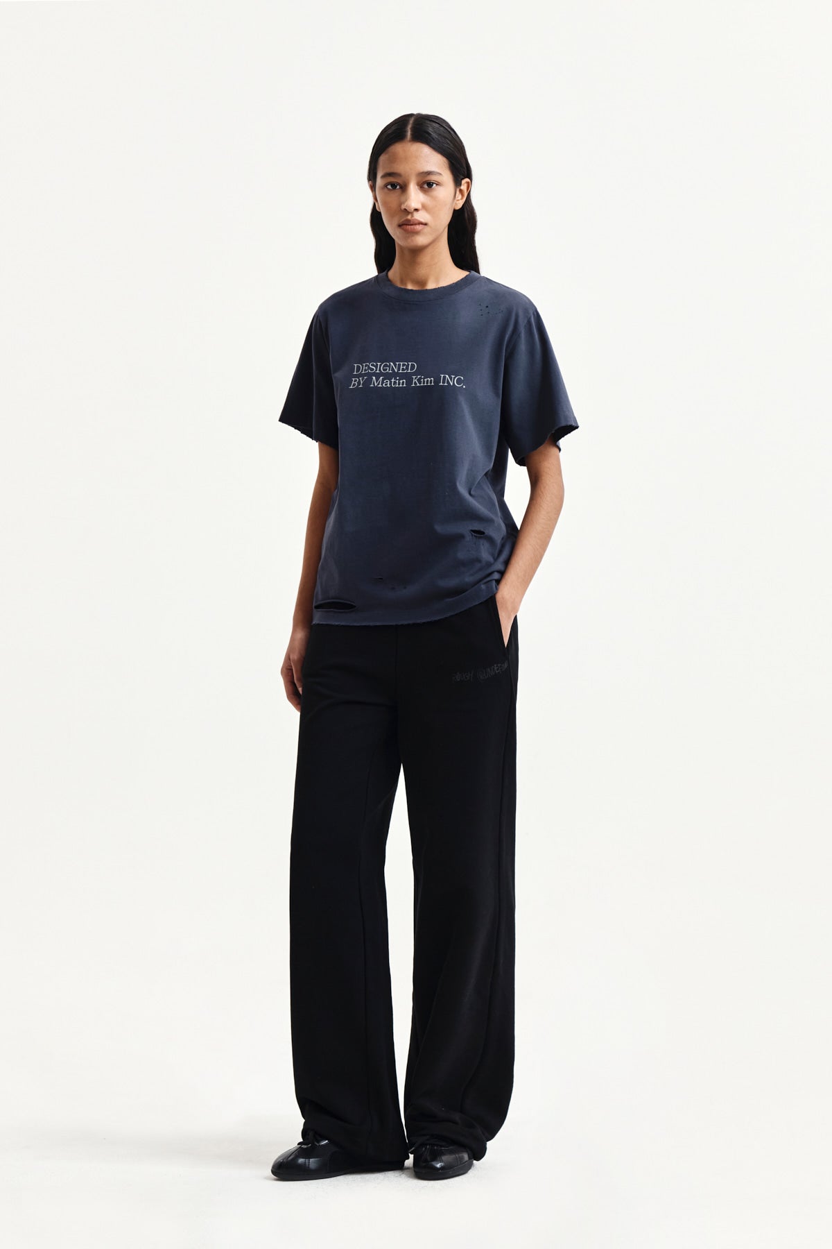 Matin Kim - Spray Washed Lettering Damaged Top (Navy) product image 9 | TRAB K-Fashion Australia