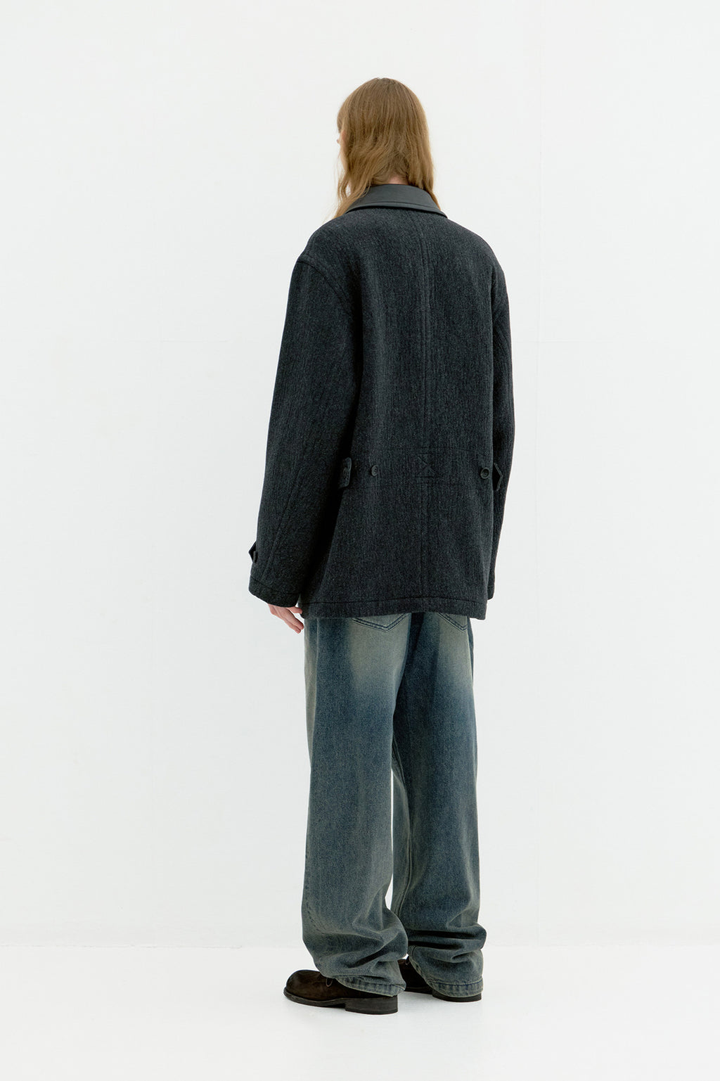 Coor - Trimming Leather Patchwork Coat (Melange Charcoal) product image 4 | TRAB K-Fashion Australia