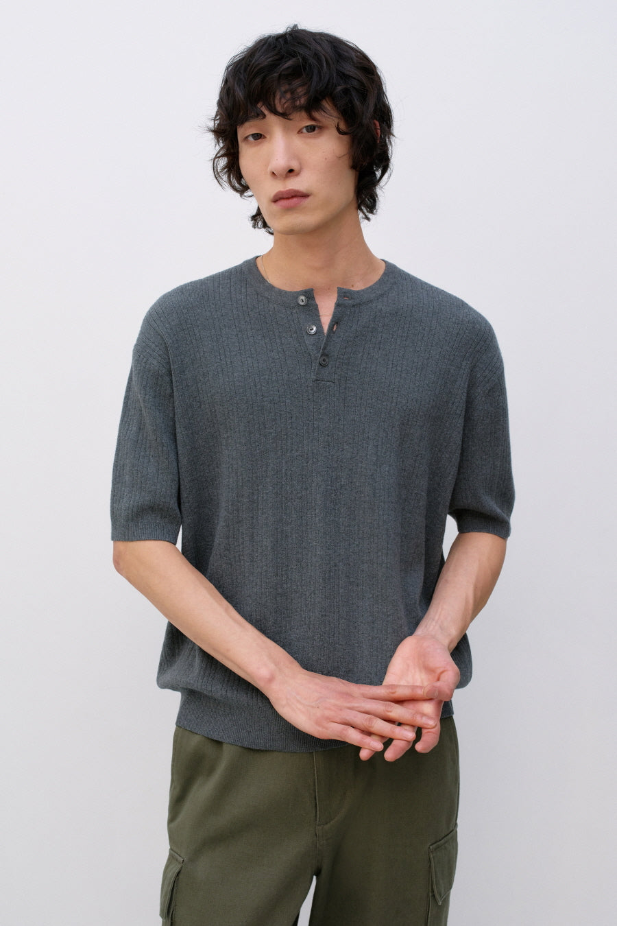 Insilence - Ribbed Henley Neck Half Knit (Grey) product image 6 | TRAB K-Fashion Australia