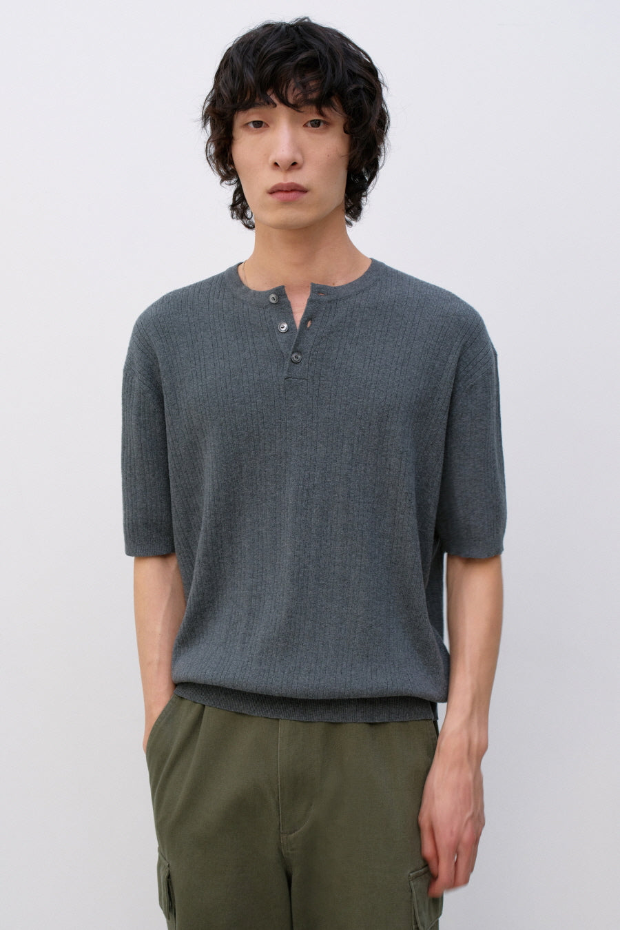 Insilence - Ribbed Henley Neck Half Knit (Grey) product image 1 | TRAB K-Fashion Australia