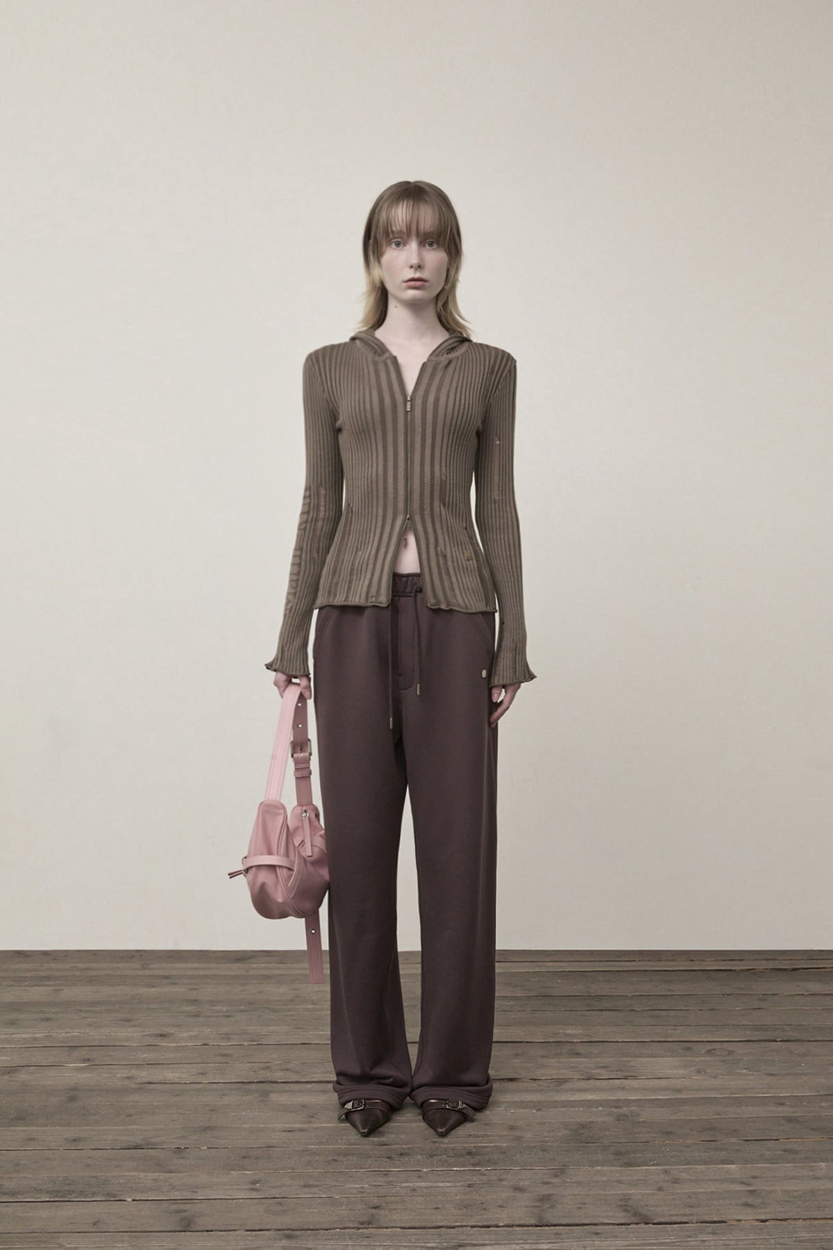 Matin Kim - Logo Point Damage Slim Hoody Cardigan (Khaki Brown) product image 5 | TRAB K-Fashion Australia