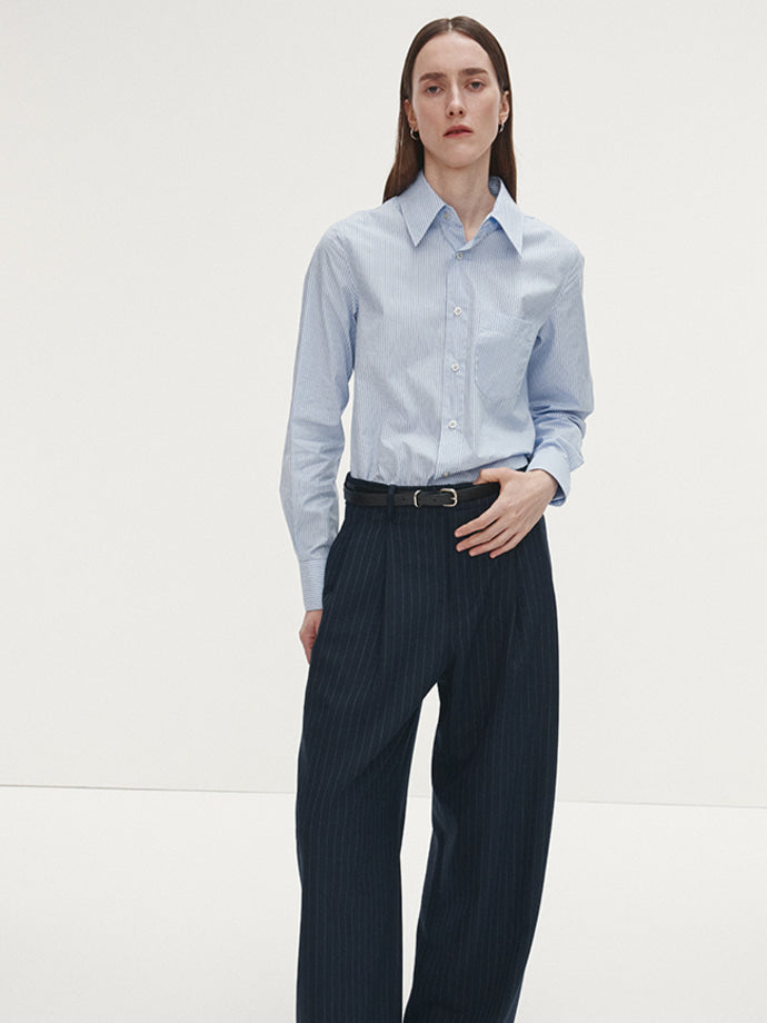 Tonywack - Striped Wool Double-Pleats Wide Trousers (Navy Pinstripe) product image 3 | TRAB K-Fashion Australia