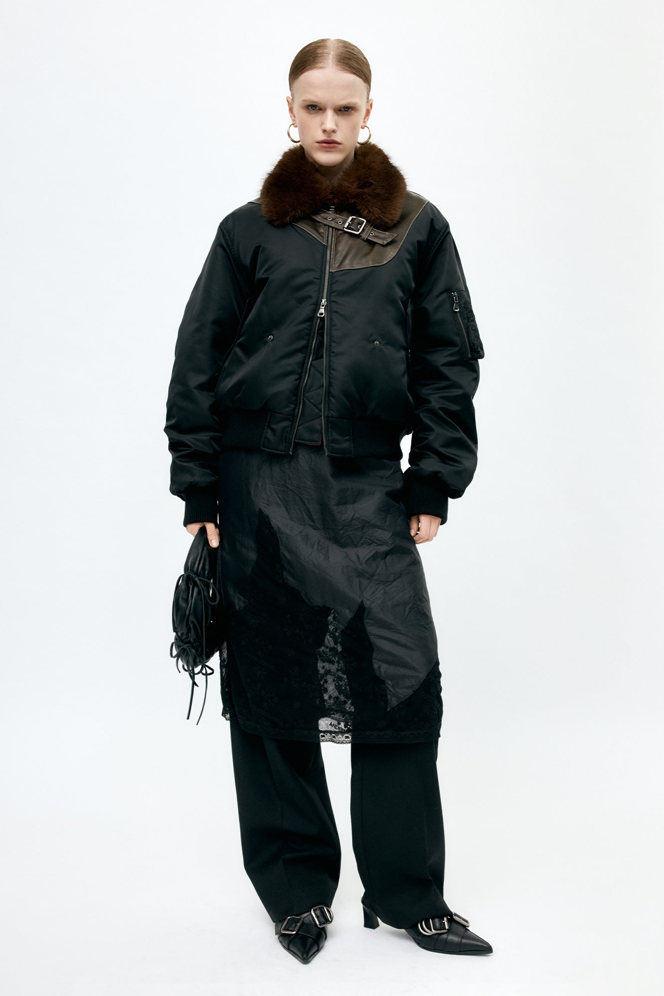 Andersson Bell - Fur Collar Leather Patch Ma-1 Bomber (Black) product image 15 | TRAB K-Fashion Australia