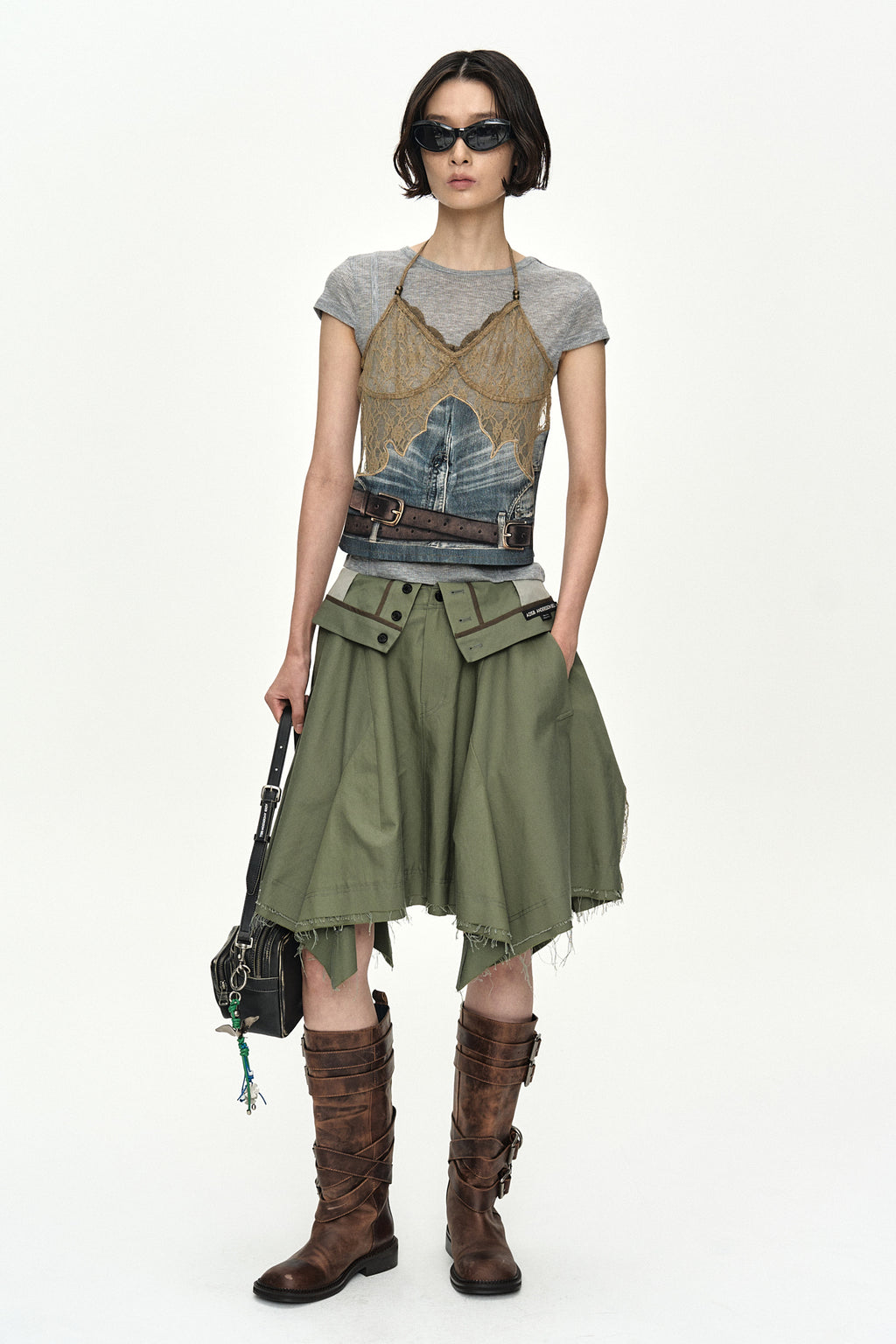 Andersson Bell - Belted Denim Printed Lace Bustier (Mid Blue/Khaki) product image 2 | TRAB K-Fashion Australia