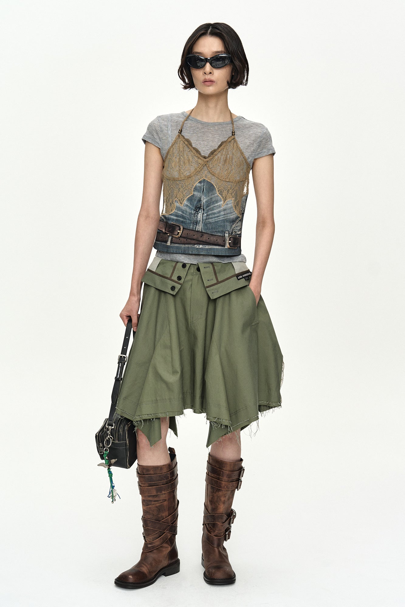 Andersson Bell - Belted Denim Printed Lace Bustier (Mid Blue/Khaki) product image 2 | TRAB K-Fashion Australia