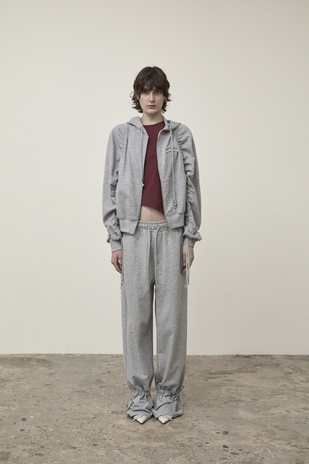 Matin Kim - Sleeve String Detail Hoody Zip Up (Grey) product image 9 | TRAB K-Fashion Australia