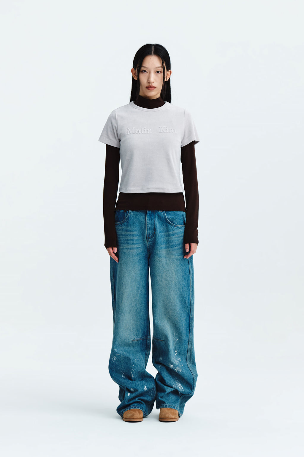 Matin Kim - Logo Emboss Velvet Crop Top (Light Grey) product image 6 | TRAB K-Fashion Australia