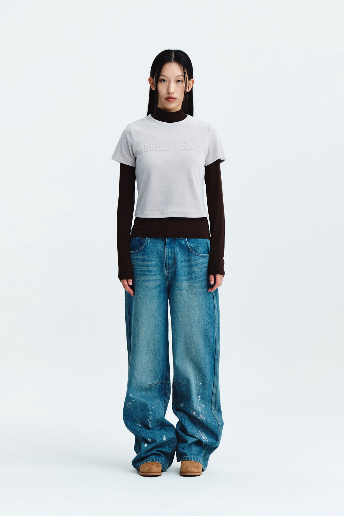 Matin Kim - Logo Emboss Velvet Crop Top (Light Grey) product image 6 | TRAB K-Fashion Australia