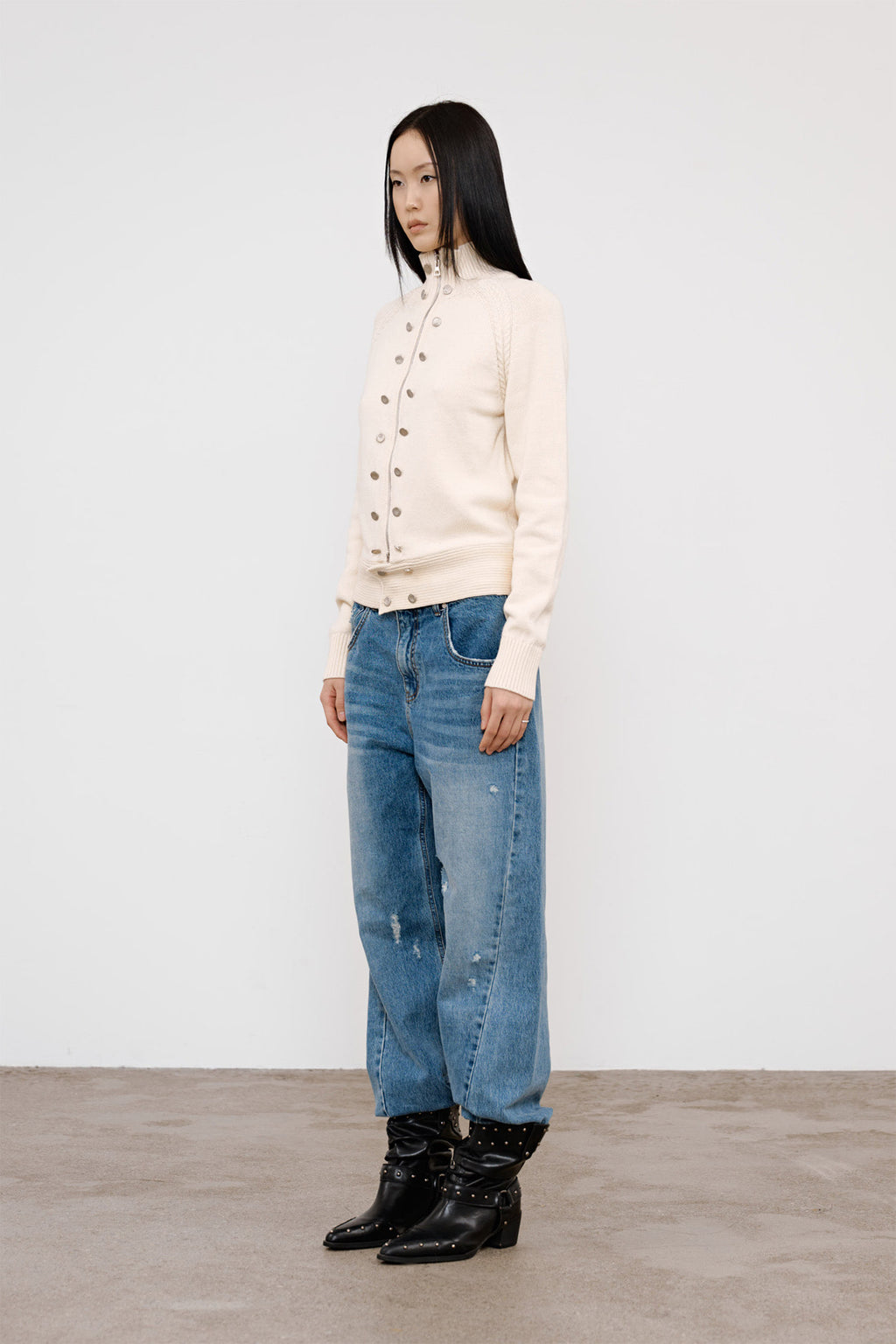Deinet - High-Neck Stud Knit Outer (Ivory) product image 2 | TRAB K-Fashion Australia
