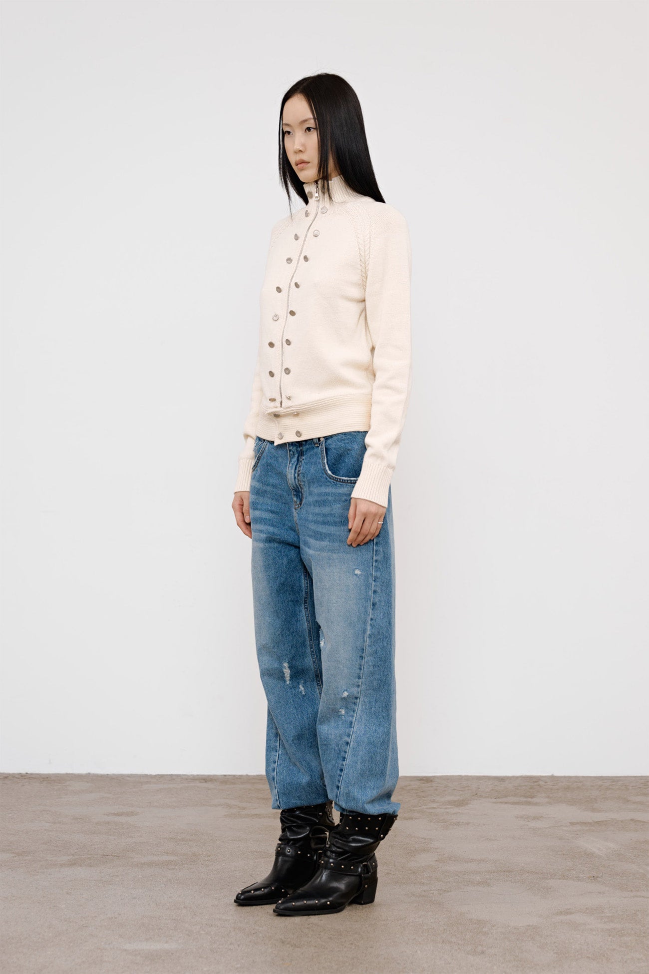 Deinet - High-Neck Stud Knit Outer (Ivory) product image 2 | TRAB K-Fashion Australia